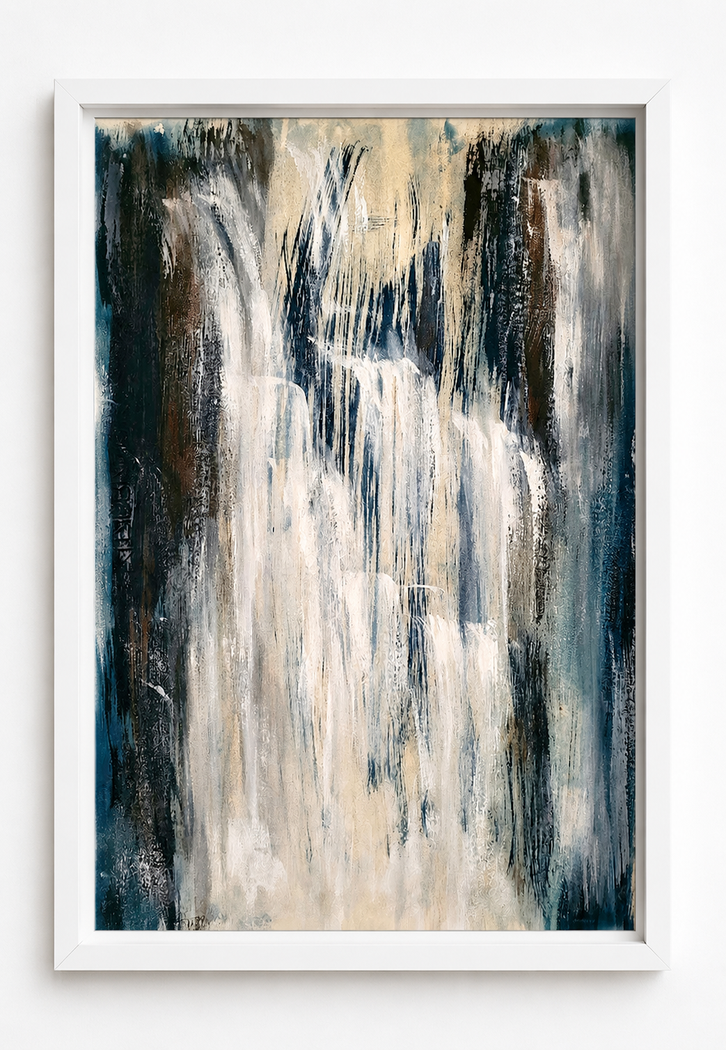 White Cascade. Cyanotype, Rust & Powdered oyster shell pigment on paper mouted on cavas board  45 × 65 cm