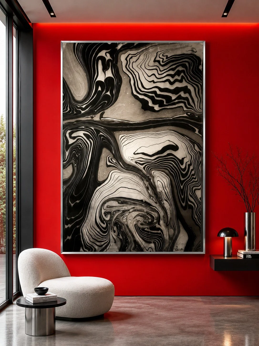 Modern front room with a red accent wall decorated with a large black and white abstract painting, a white curved chair, a small black round side table with books and a bowl, and a black floating shelf with a tall silver vase, a small black lamp, and a stack of books. Window reveals trees outside.
