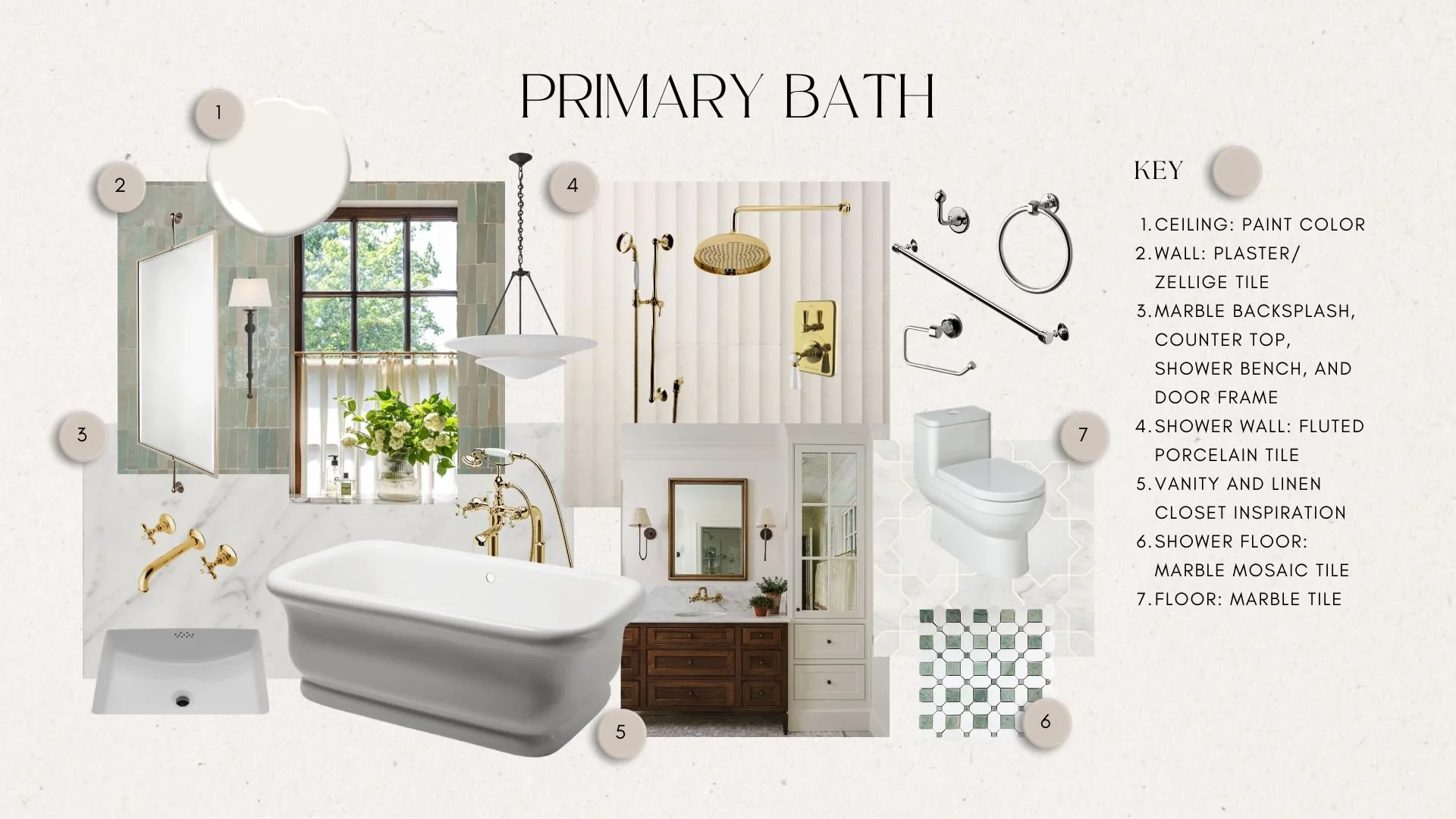 Primary Bath Material & Selections Board:
Curated materials, finishes, and fixtures supporting the spa-inspired concept through texture and warmth.