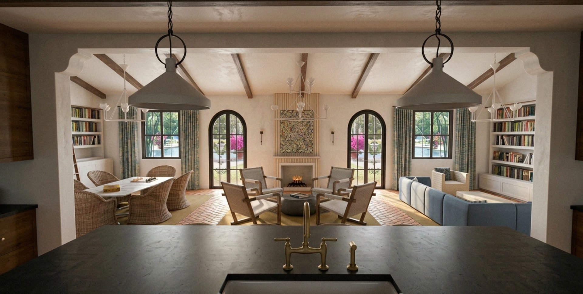 Kitchen Rendering:
SketchUp modeling and AI-enhanced rendering presenting a direct-view perspective from the kitchen island to the family space.