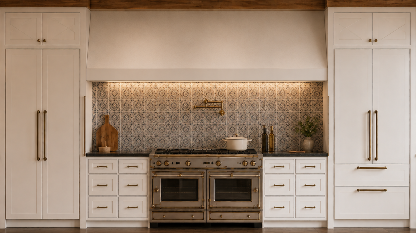 Stove Wall Rendering:
Visualization emphasizing the plaster hood, layered materials, and architectural character within the Spanish Colonial design.