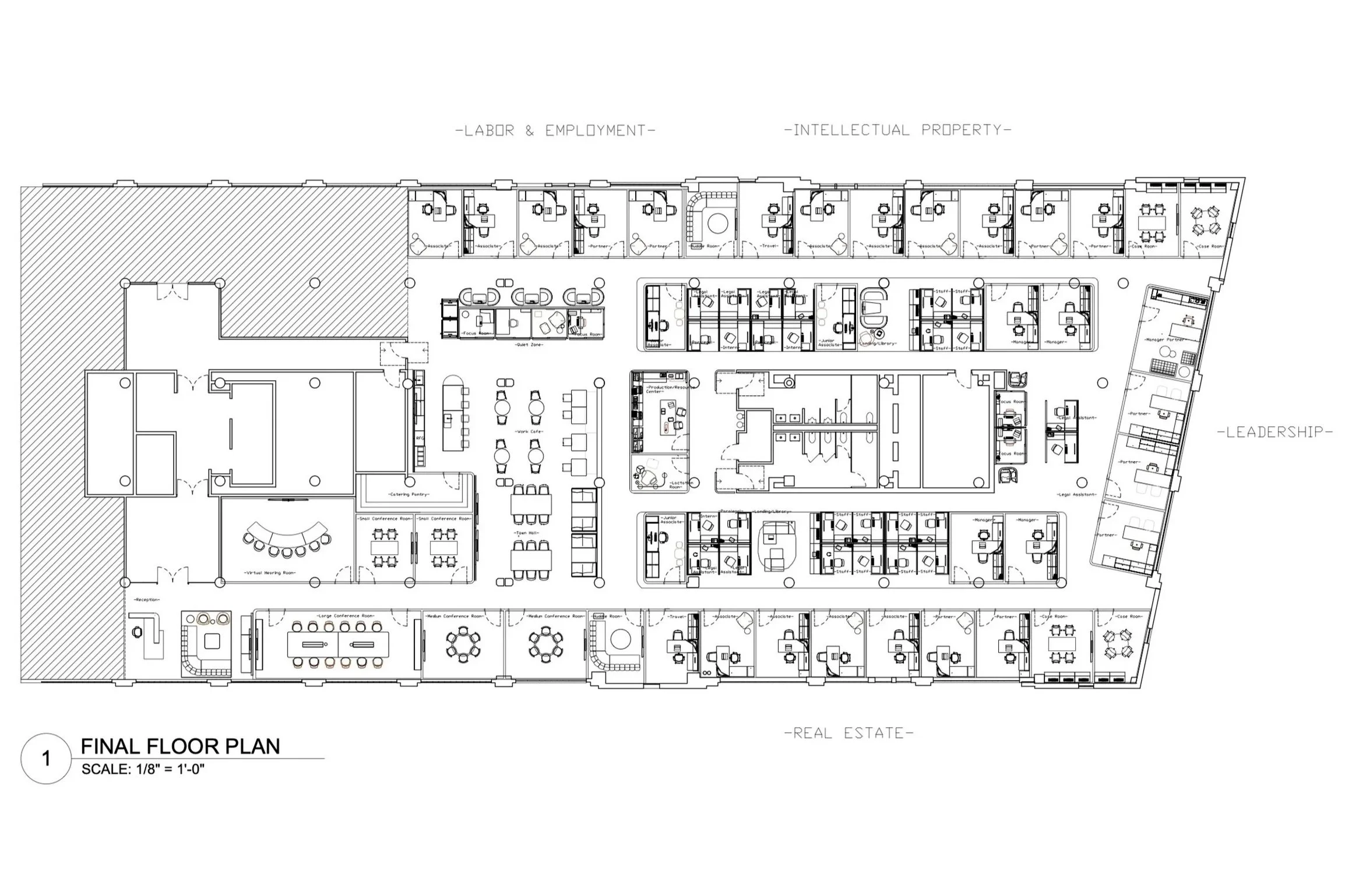 Final Floor Plan — Technical Drawing: Final AutoCAD floor plan documents the resolved workplace layout, furniture planning, departmental organization, circulation, and supporting spaces.