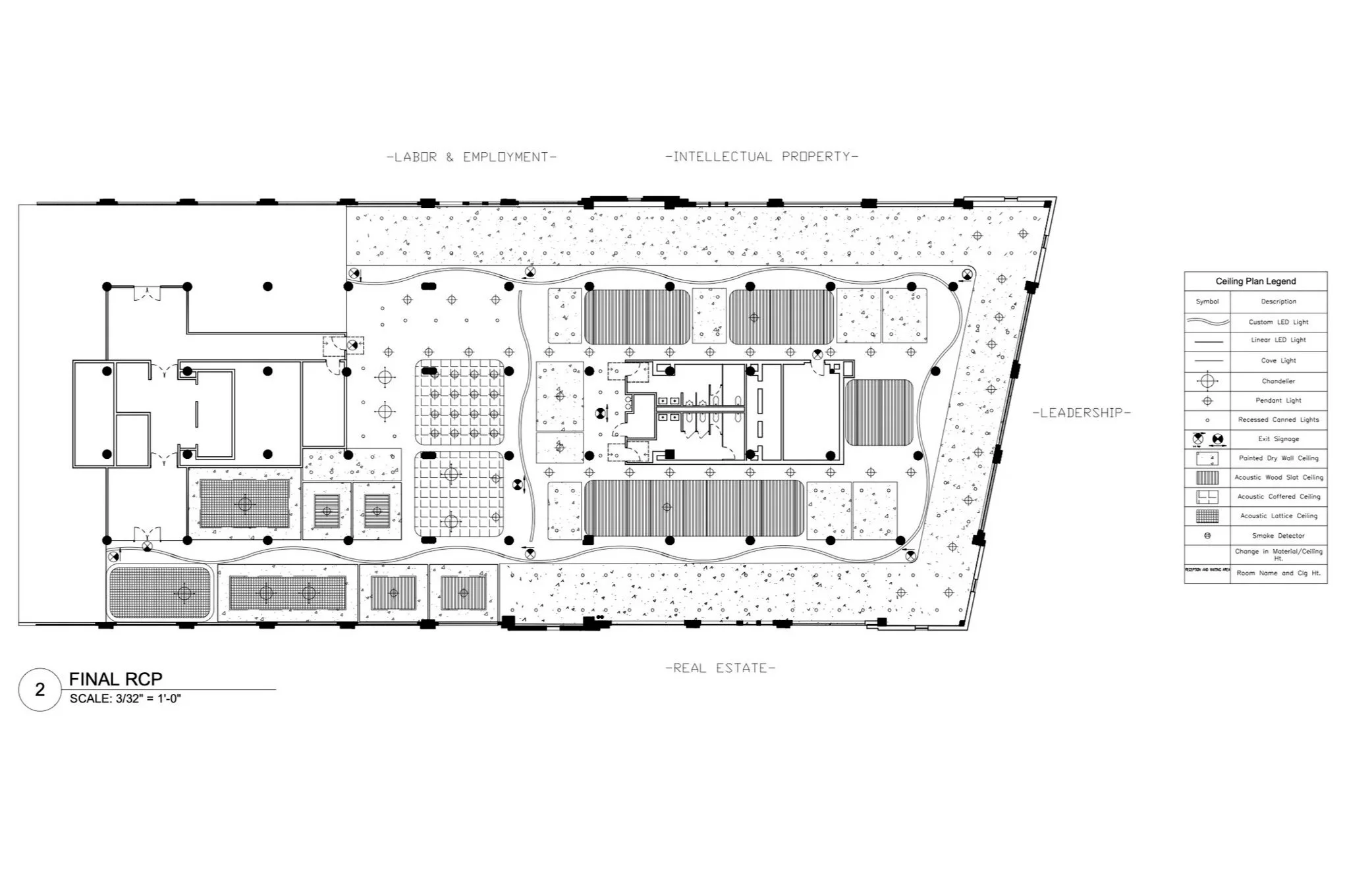Reflected Ceiling Plan: The reflected ceiling plan develops the project's lighting and ceiling strategy through layered fixture types, acoustic treatments, and the custom curved LED that reinforces primary circulation.