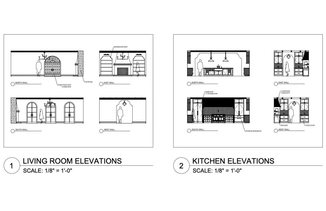 Living Room + Kitchen Elevations: Interior elevations develop custom architectural and millwork details, including built-in niches, pocket doors, integrated cabinetry, and the kitchen’s sculptural plaster hood.