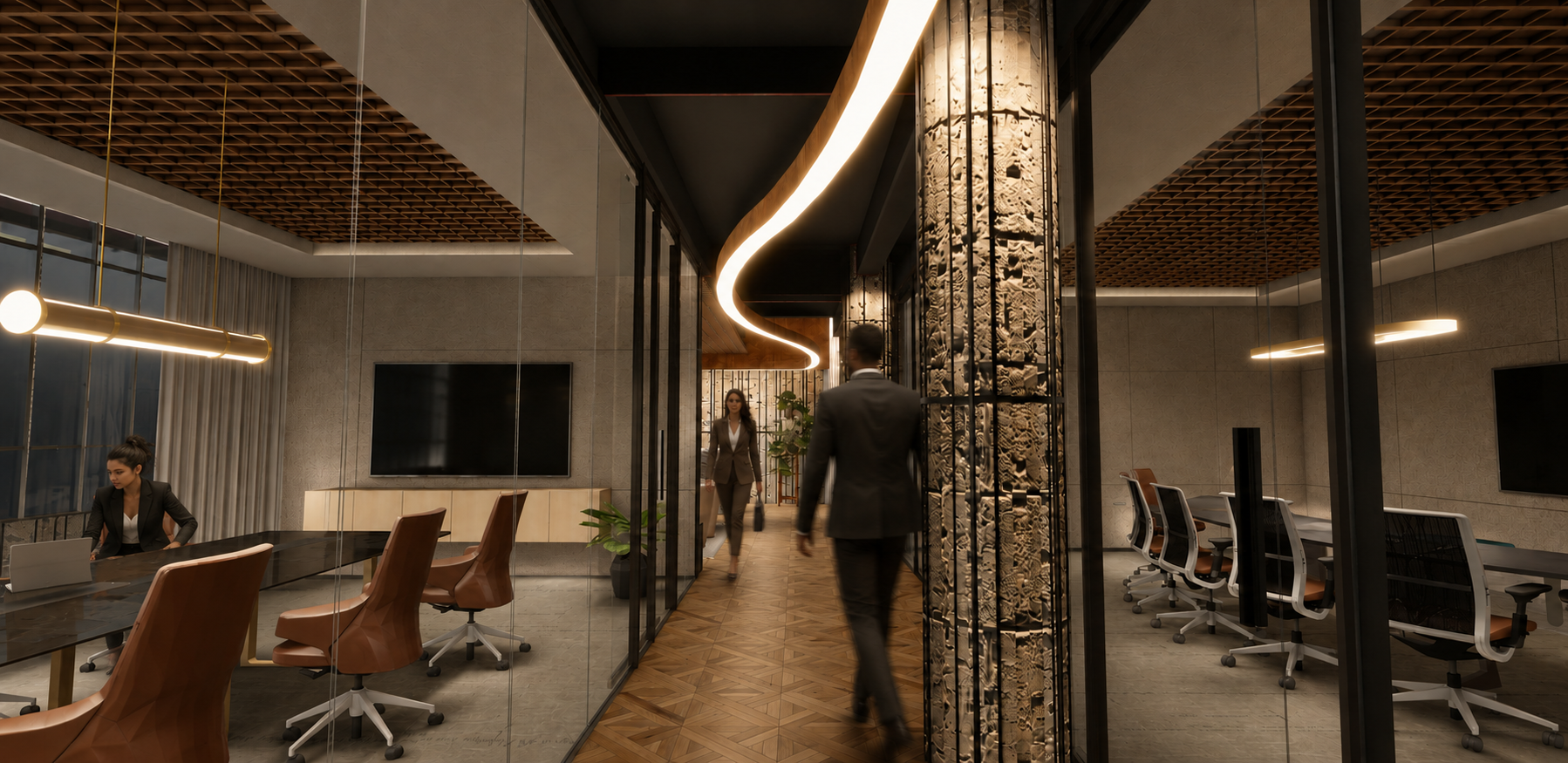 Conference Corridor: Glazed conference rooms maintain visual connection along the primary circulation path, highlighted by a custom curved linear light inspired by the movement of molten material.