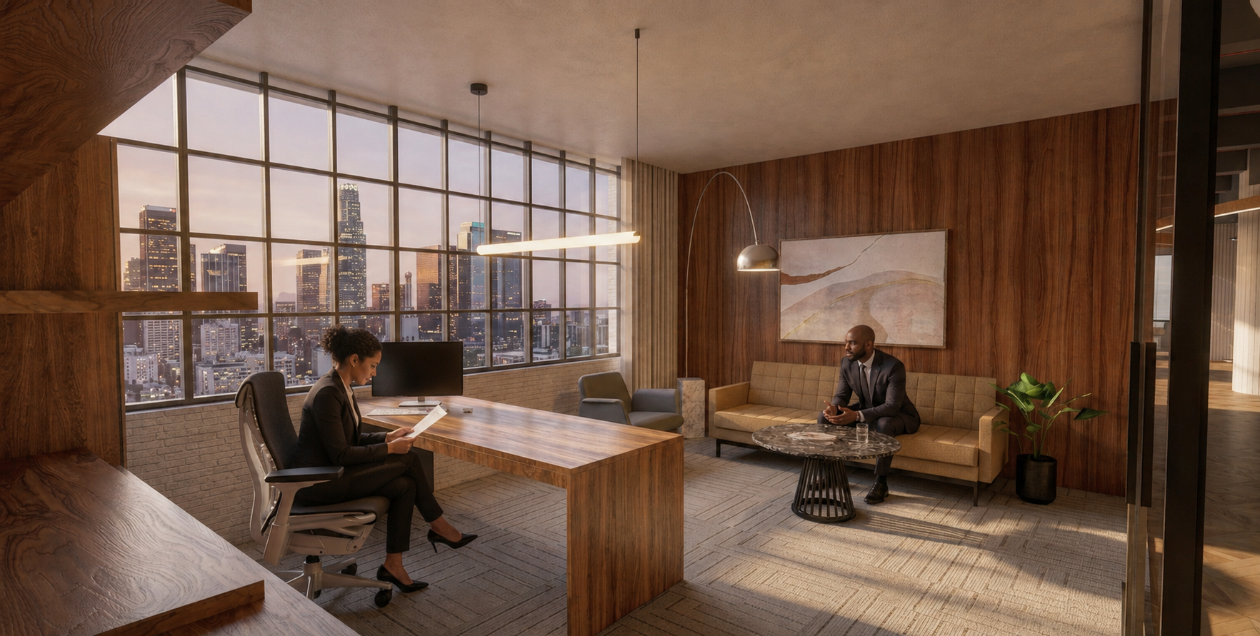 Partner Office: The partner office combines focused work with an informal conversation setting, creating a professional environment softened by residential and hospitality-inspired elements.