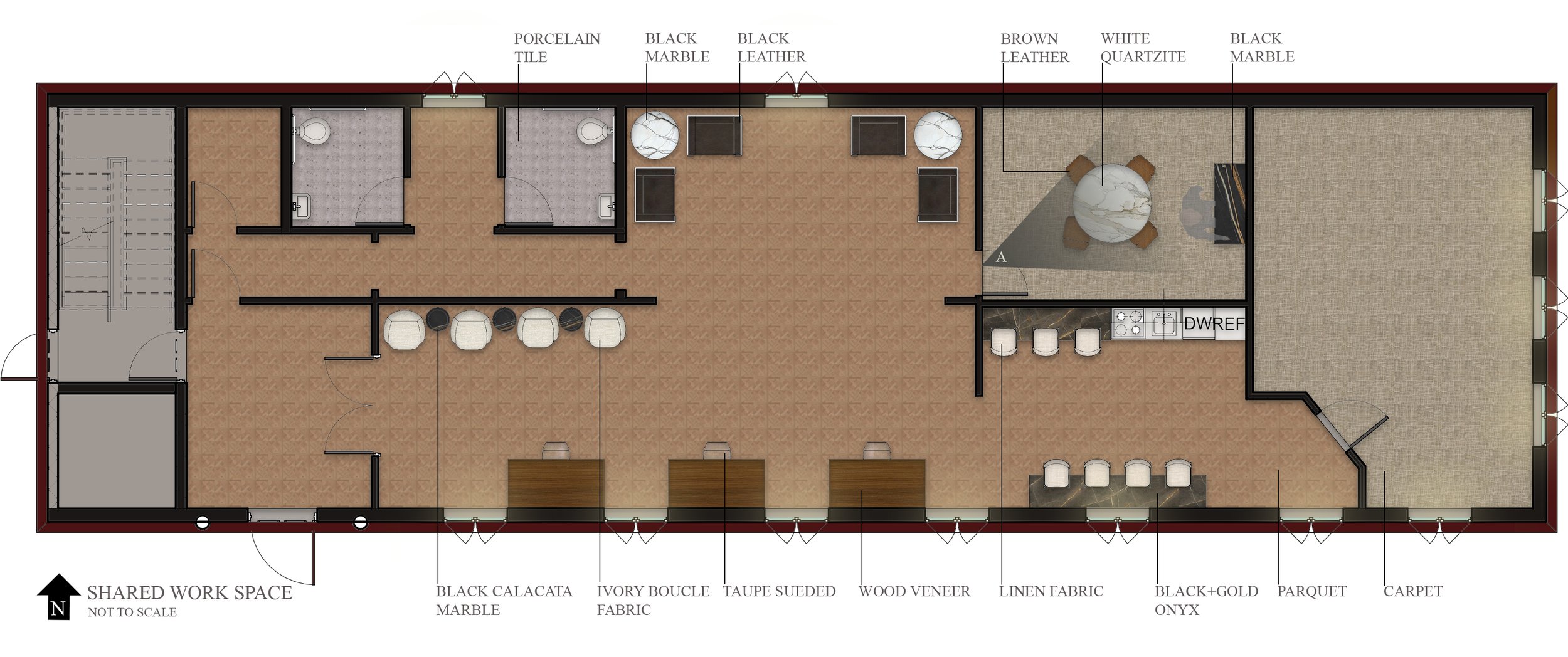 Workspace Floor Plan: 
Space planning developed to support circulation, functionality, and varied workplace experiences throughout the environment.