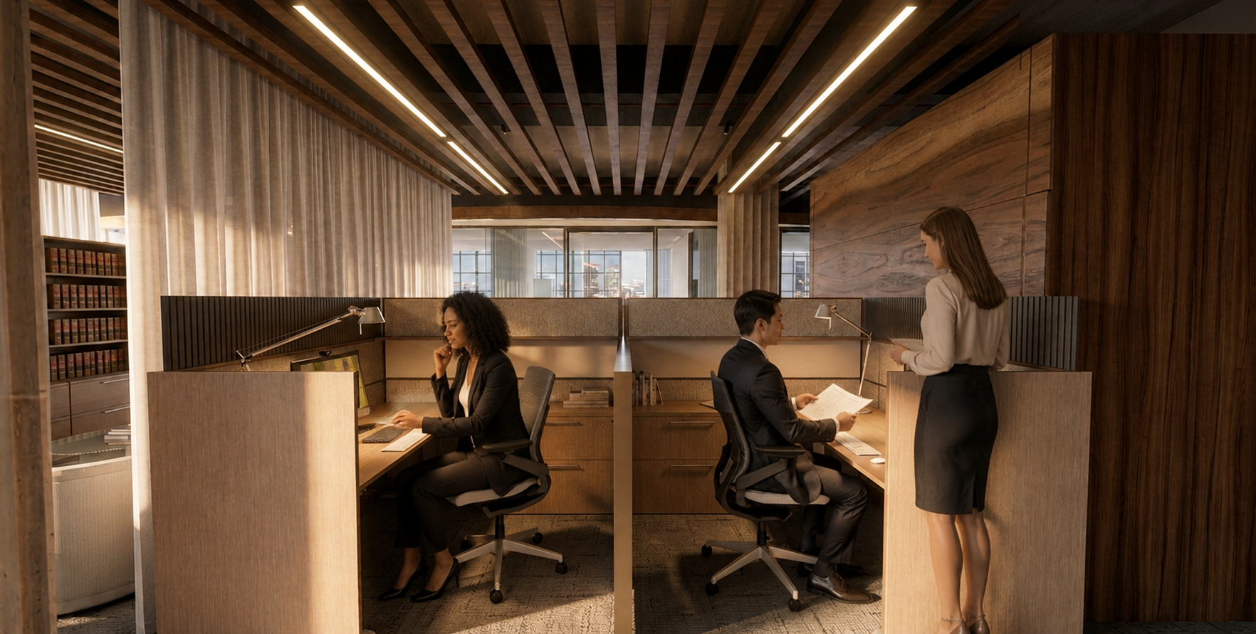 Workstation Detail: Workstations balance focused individual work with opportunities for communication, supported by integrated storage, task lighting, acoustic separation, and warm materiality.