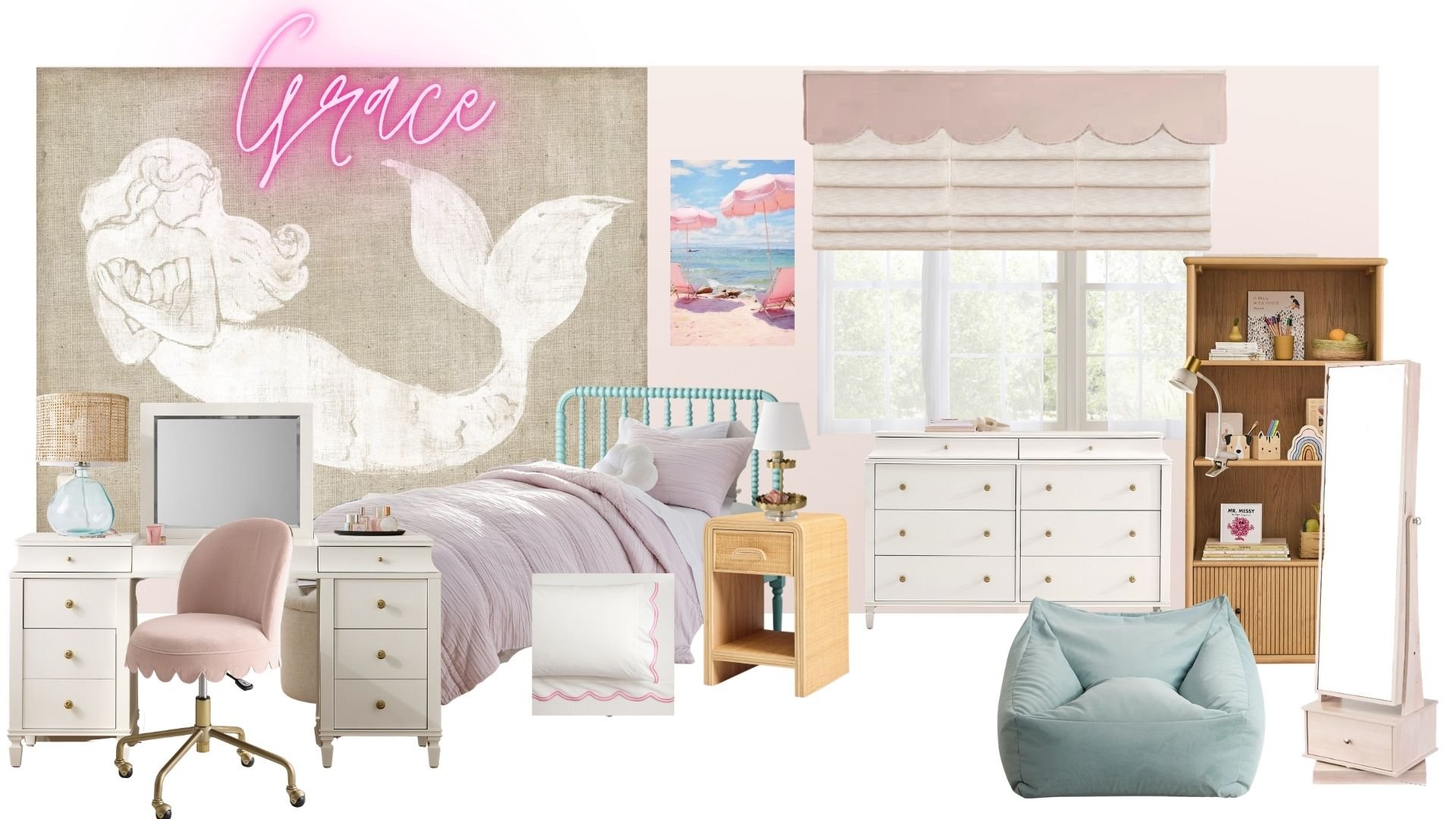 Grace Room:
Coastal-inspired bedroom concept combining playful color, layered patterns, and adaptable design elements for evolving preferences.