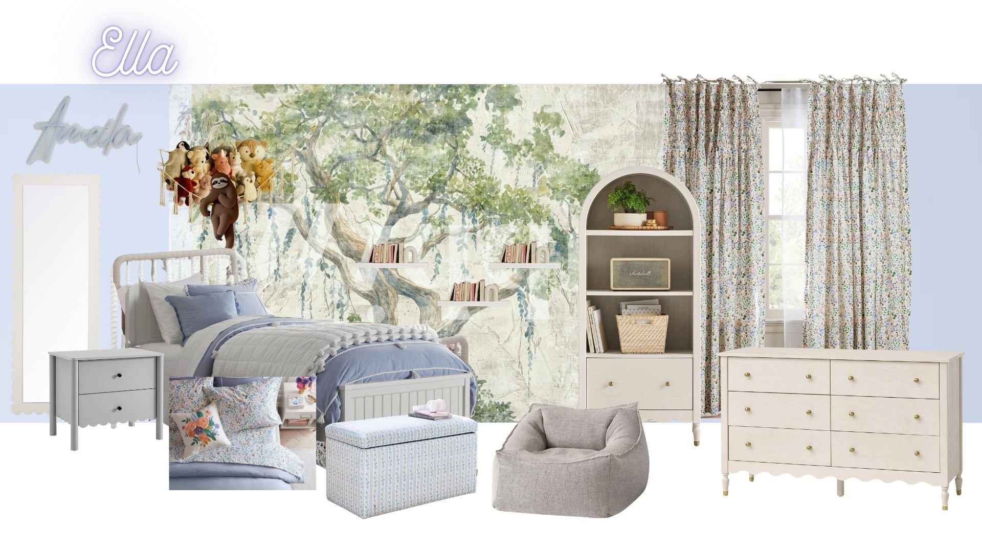 Ella Room:
Forest-inspired bedroom concept with soft textures and whimsical details tailored to the child’s interests.