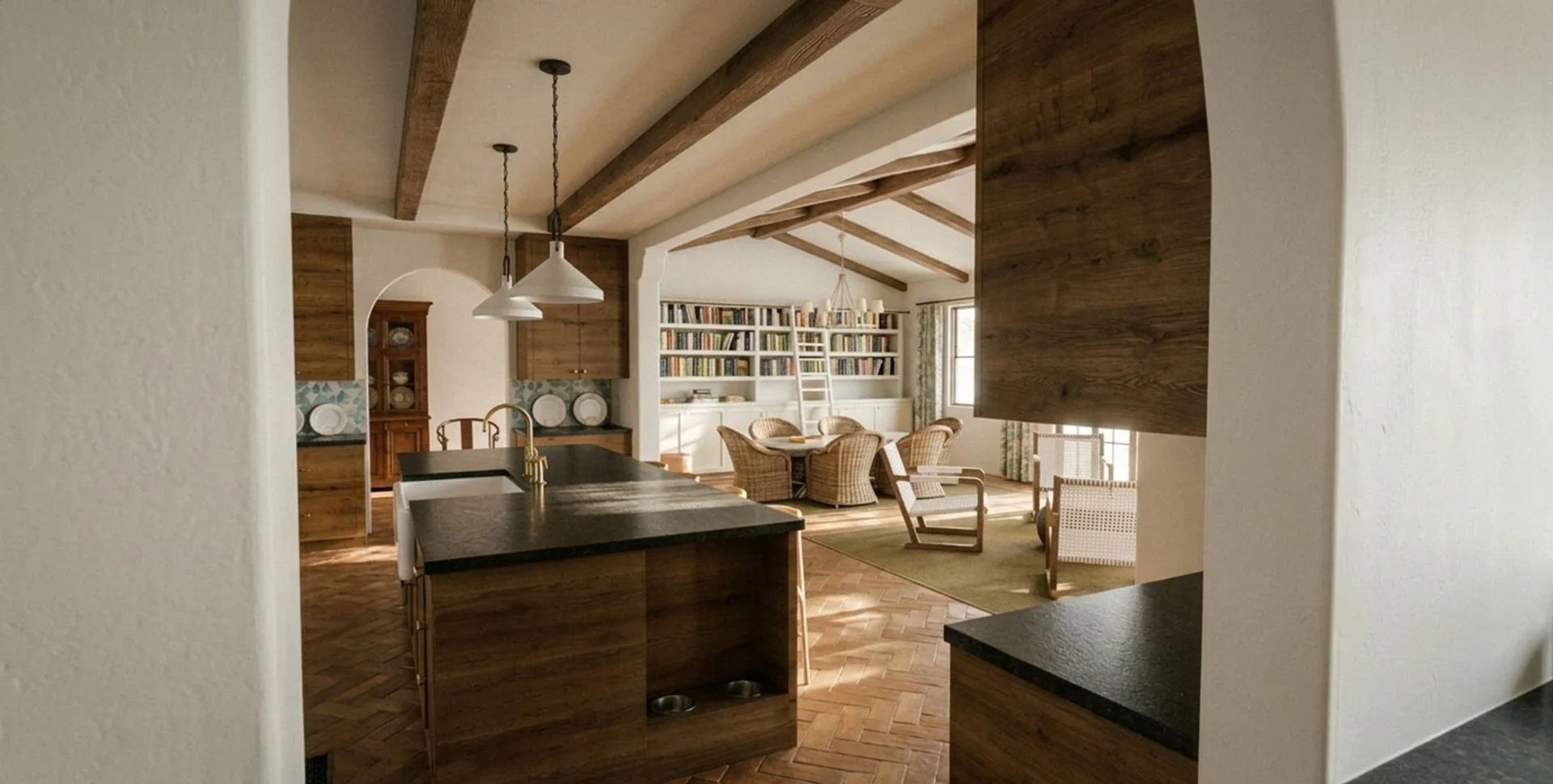 Kitchen Rendering:
SketchUp modeling and AI-enhanced rendering presenting an alternative perspective of the kitchen island with pet feeder view from the scullery.