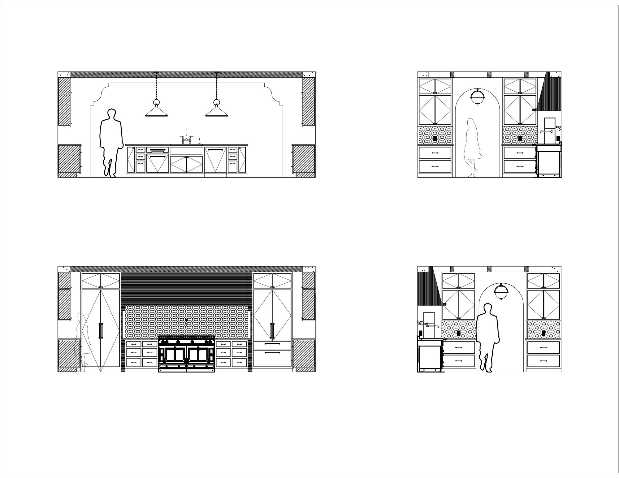 Kitchen Elevations:
Technical elevations defining cabinetry, detailing, and material organization throughout the space.