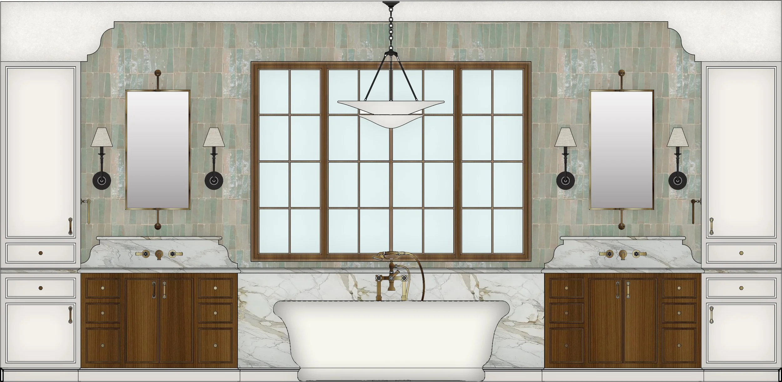 Primary Bath Rendered Elevation:
Elevation highlighting architectural features and material layering to create openness and tranquility.