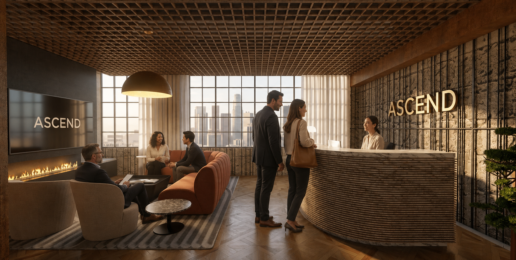 Reception: Reception and client lounge establish a welcoming first impression through hospitality-inspired seating, warm materiality, layered lighting, and views of the Los Angeles skyline.