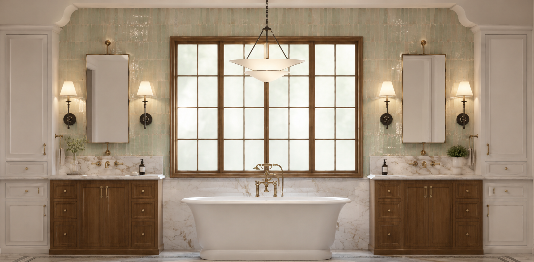 Elegant bathroom with a large frosted window, a white clawfoot bathtub, wooden cabinets, marble countertops, and brass fixtures. Two wall-mounted lamps and a central pendant light provide lighting.