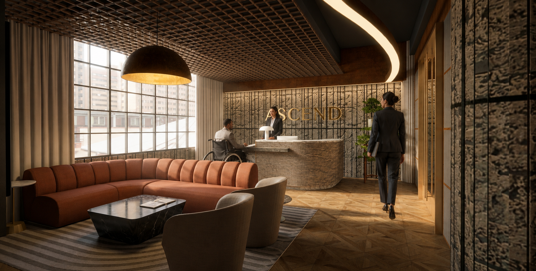 Reception — Accessible Desk View: A custom reception desk integrates an accessible counter height into the client experience, while sculptural lighting and layered materials reinforce The Foundry concept.