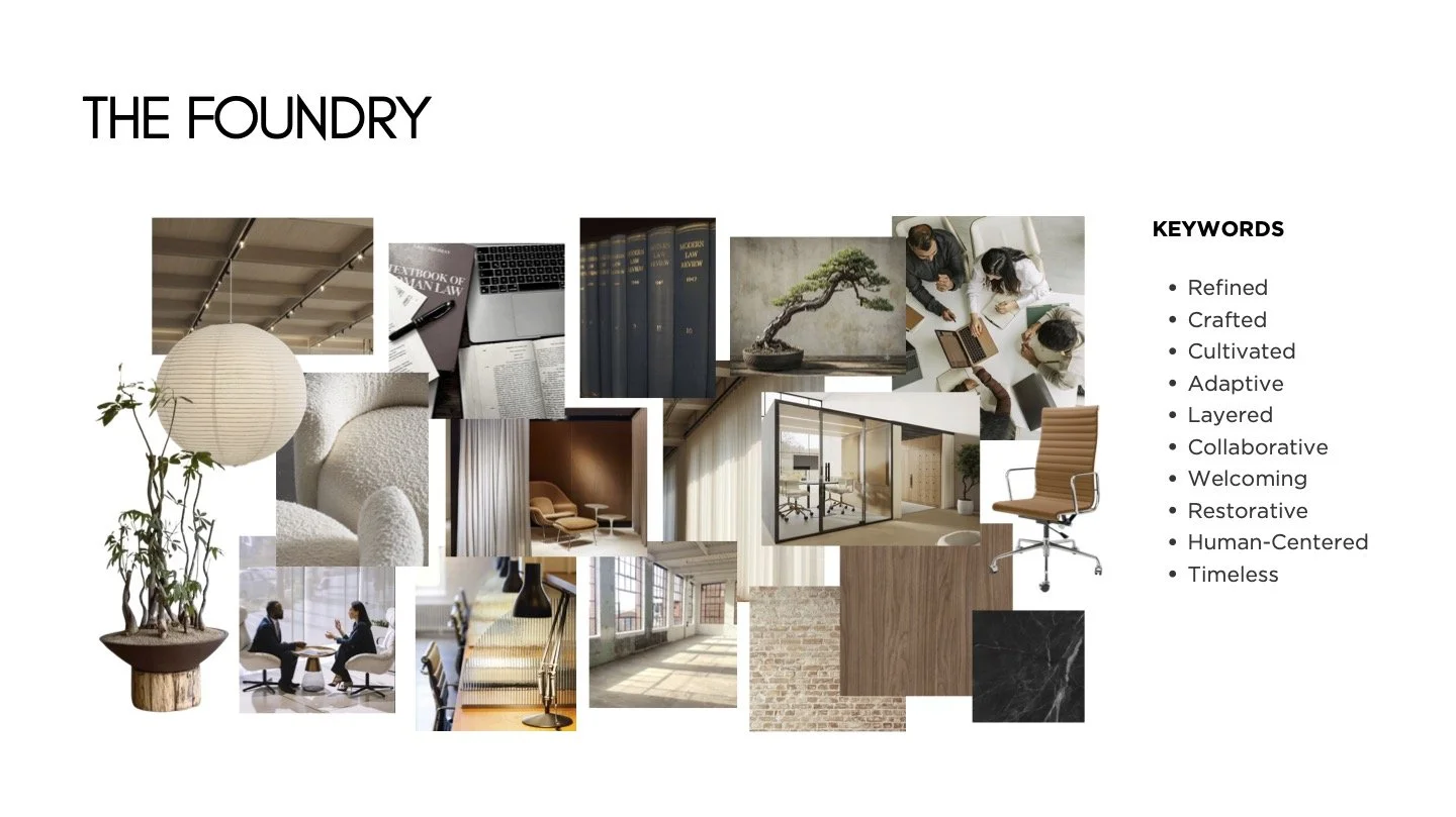 The Foundry Concept Board: The Foundry concept draws from the industrial character of ROW DTLA, balancing craftsmanship and permanence with warm, human-centered workplace design.