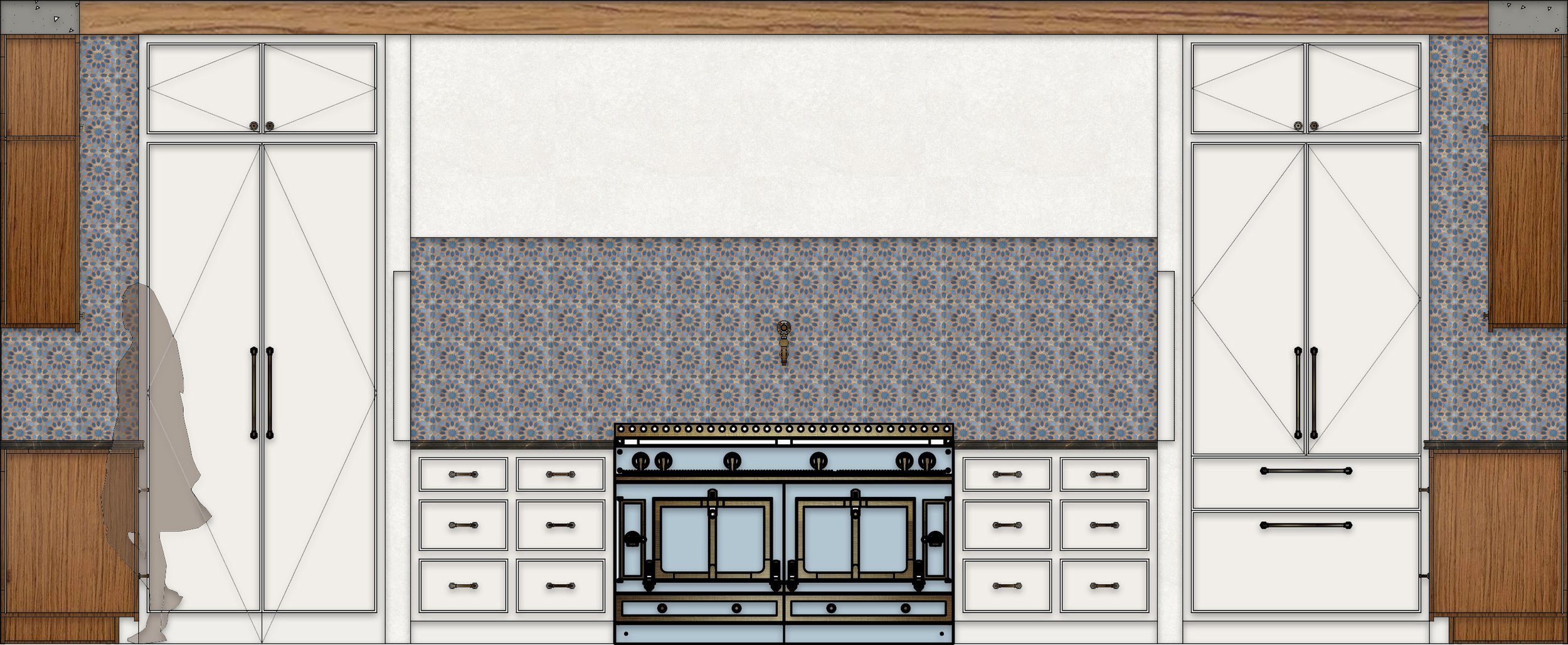 Stove Wall Rendered Elevation:
Rendered elevation developed in AutoCAD and Photoshop highlighting the kitchen focal wall.