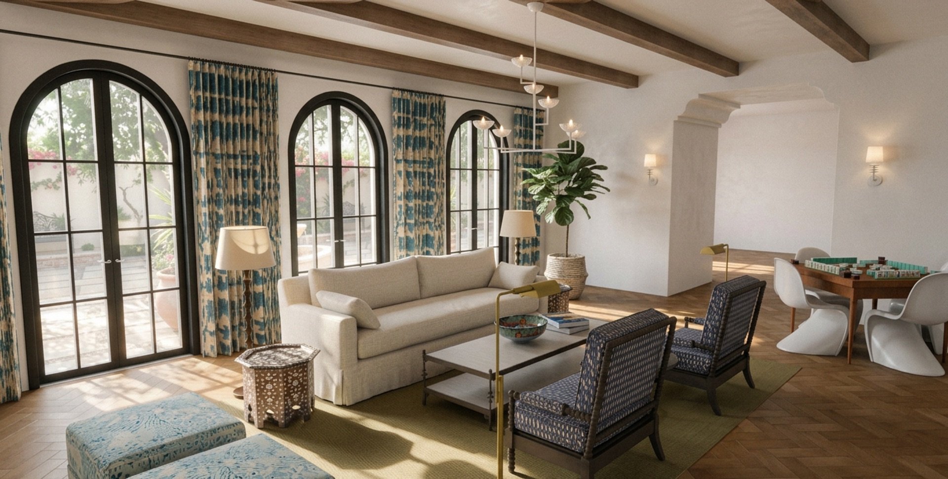 Living Room — Garden View: Arched glazing, patterned drapery, natural materials, and flexible seating strengthen the connection between the interior and surrounding landscape.