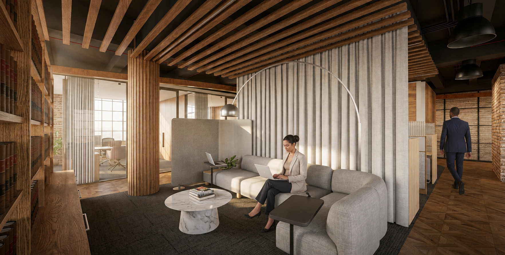 Touchdown + Library Lounge: A quieter touchdown and library setting provides an alternative place for individual work, informal collaboration, and retreat from more active workplace zones.