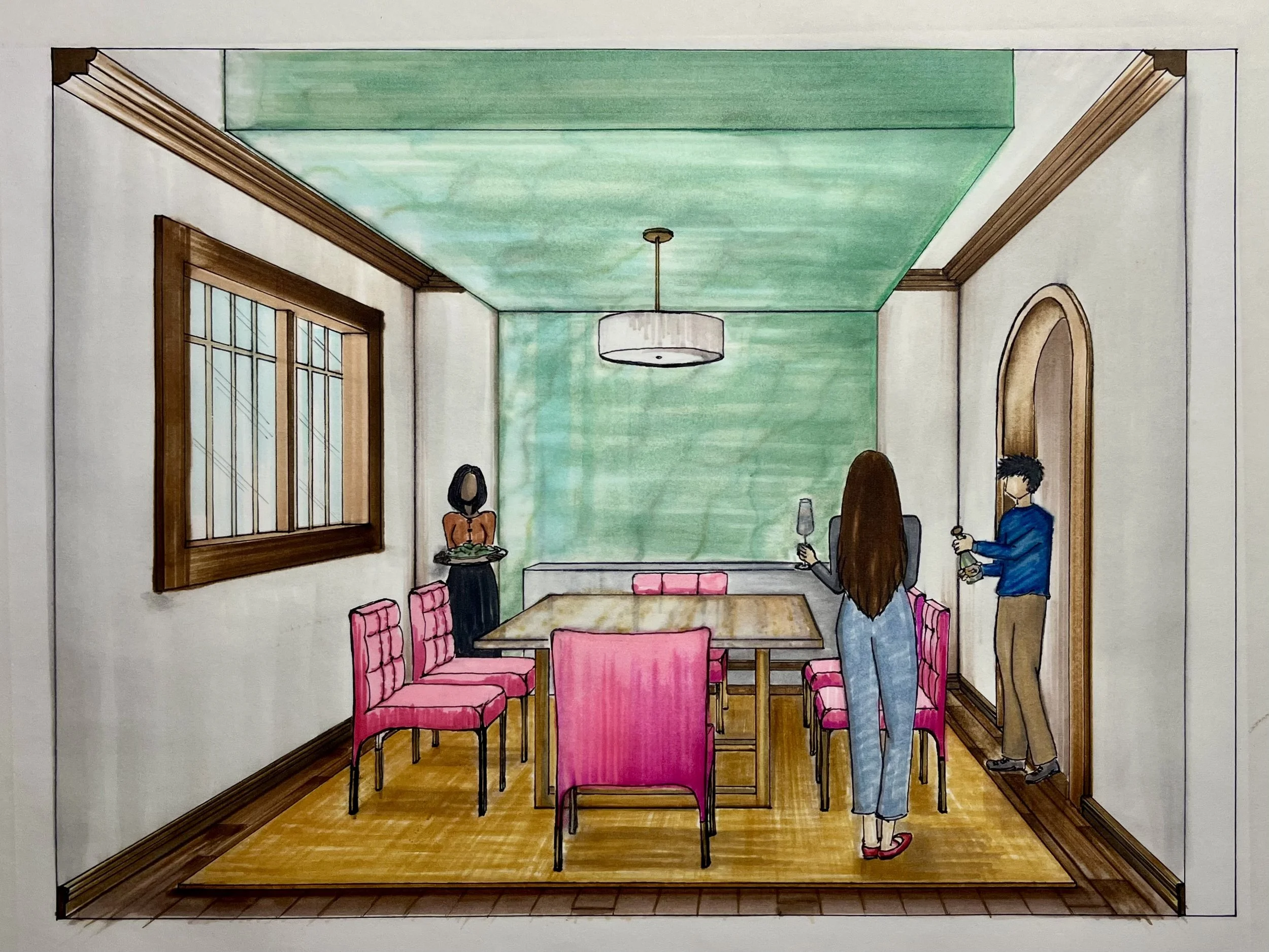 Hand-Rendered Perspective: 
Hand-rendered visualization developed to explore color, materials, and spatial experience.