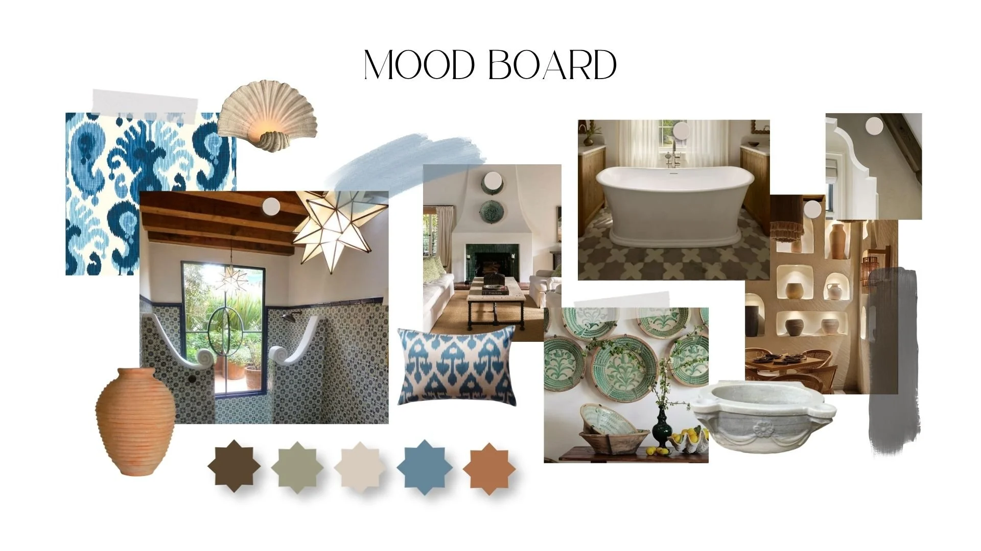 Mood Board: Material, color, and architectural inspiration establishing Casa Viva’s warm, layered Spanish Colonial character.