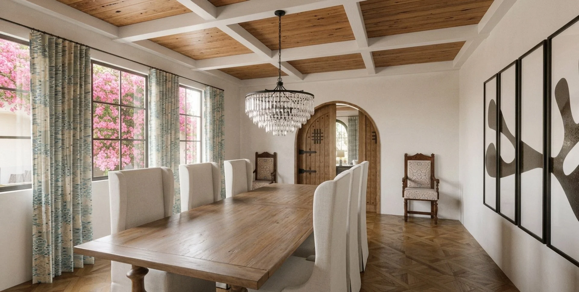 Dining Room: The formal dining room combines a coffered wood ceiling, statement lighting, and contemporary artwork for a refined yet approachable entertaining space.