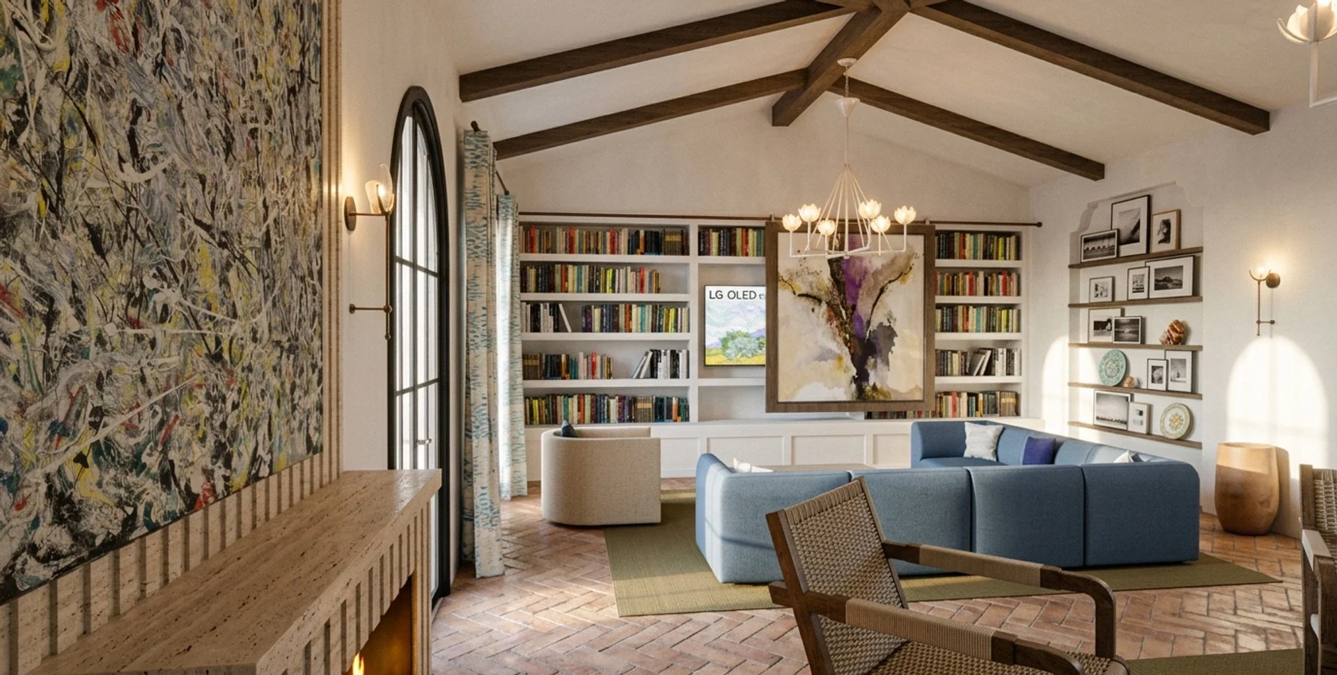 Family Room — Fireplace & Media Wall: Built-in bookcases, integrated media, collected artwork, and flexible seating create a layered room designed around the homeowners’ daily routines.