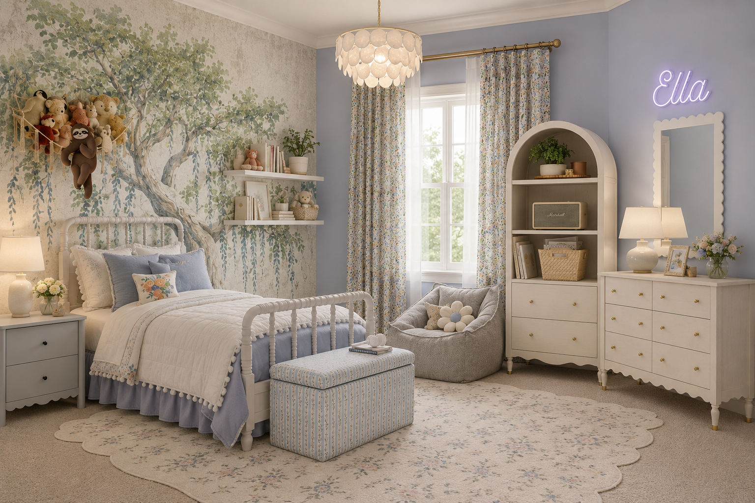 Ella Room:
AI-enhanced rendering bringing the forest-inspired bedroom concept to life through realistic materials and atmosphere.