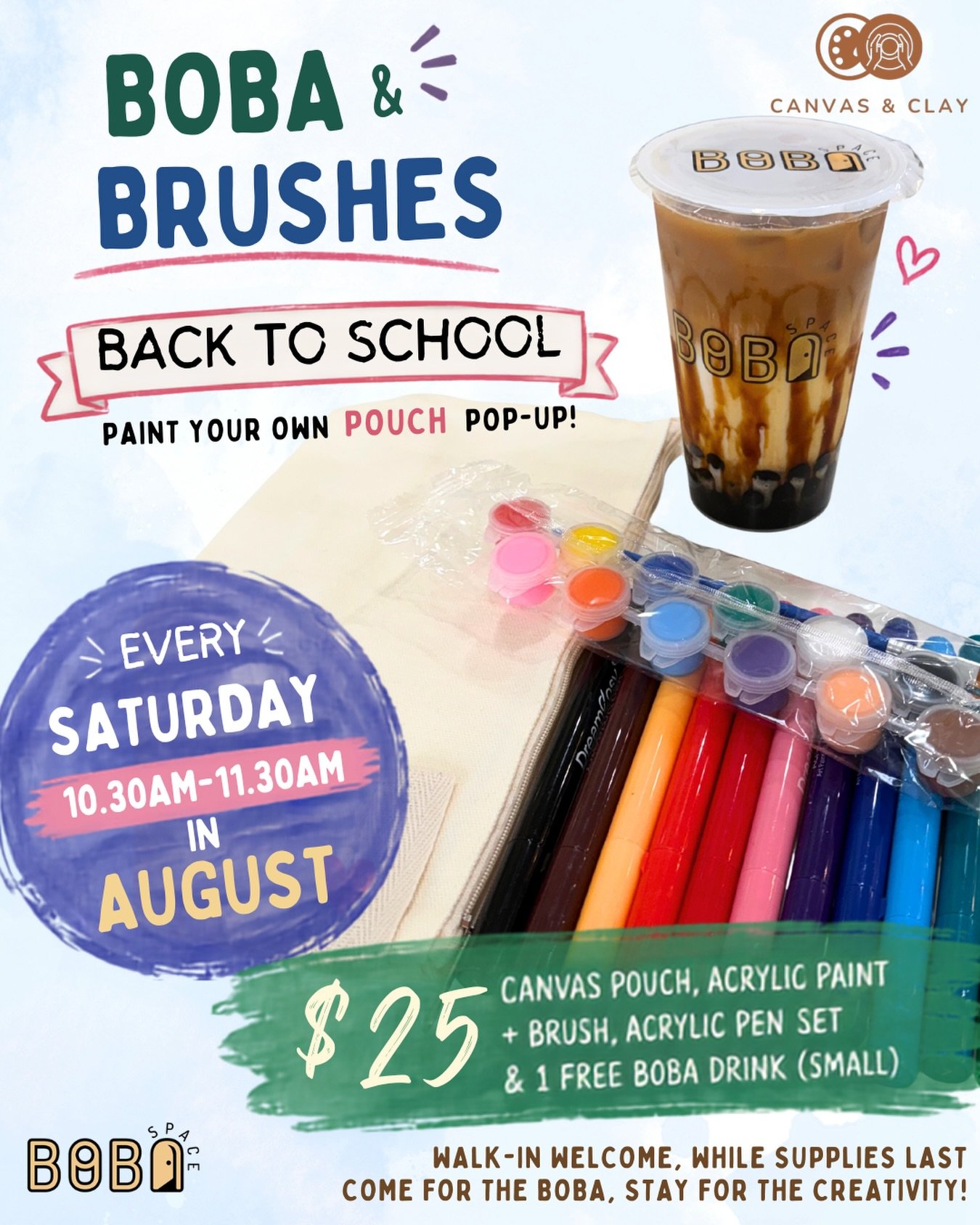 🎨✨ Friendly Reminder! ✨🧋

Don&rsquo;t miss Boba &amp; Brushes this Saturday from 10:30&ndash;11:30 AM!

Create your own custom canvas pouch, enjoy a relaxing morning, and sip on a FREE small boba while you paint! 💕

💲Only $25 includes:
🎨 Canvas 