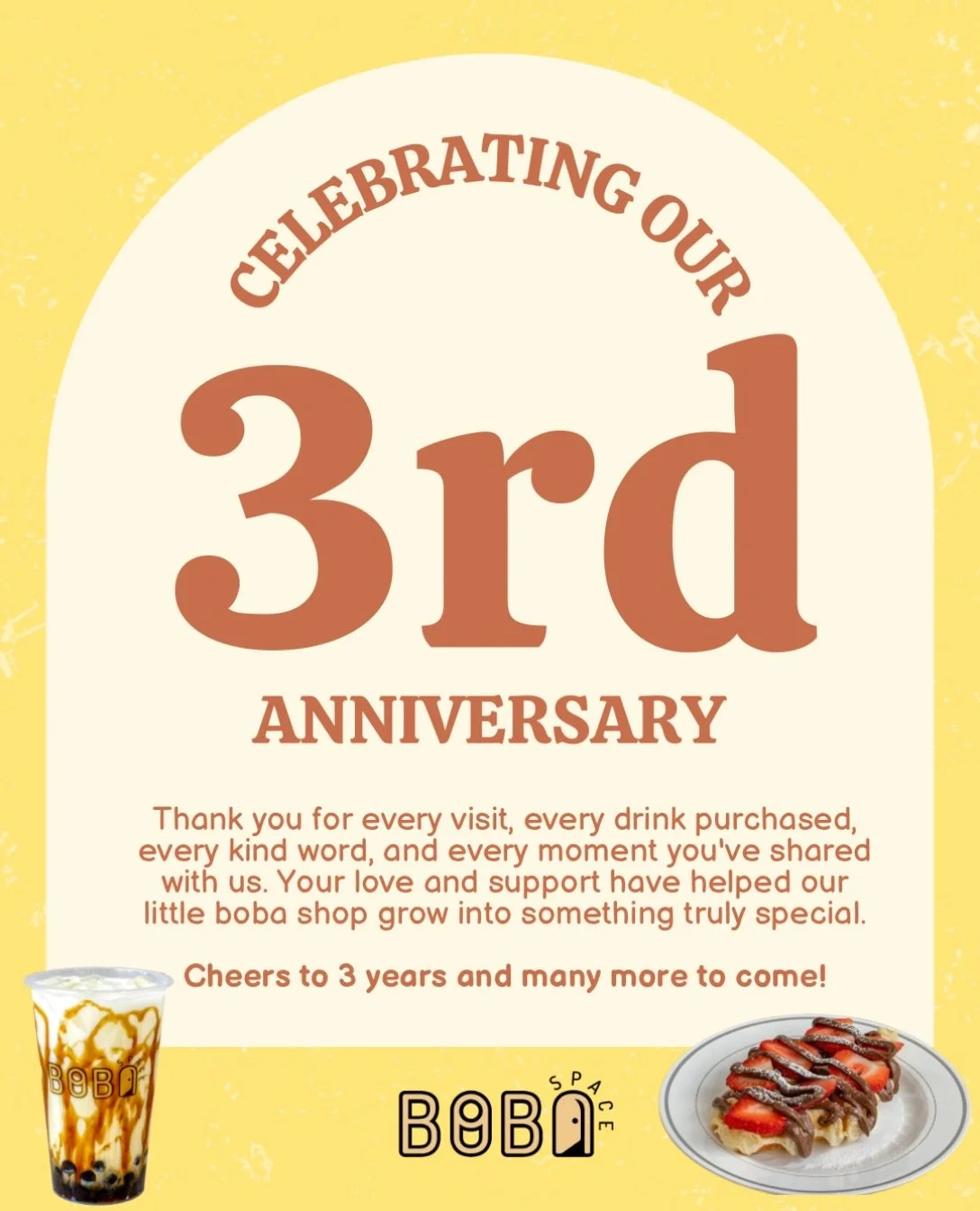 🎉🧋 3 YEARS OF BOBA SPACE! 💖✨

Three years, countless cups of boba, and so many sweet memories! 🥹💕

We wouldn&rsquo;t be here without YOU! Thank you to our amazing customers, friends, and the Anderson community for supporting us, showing us love,
