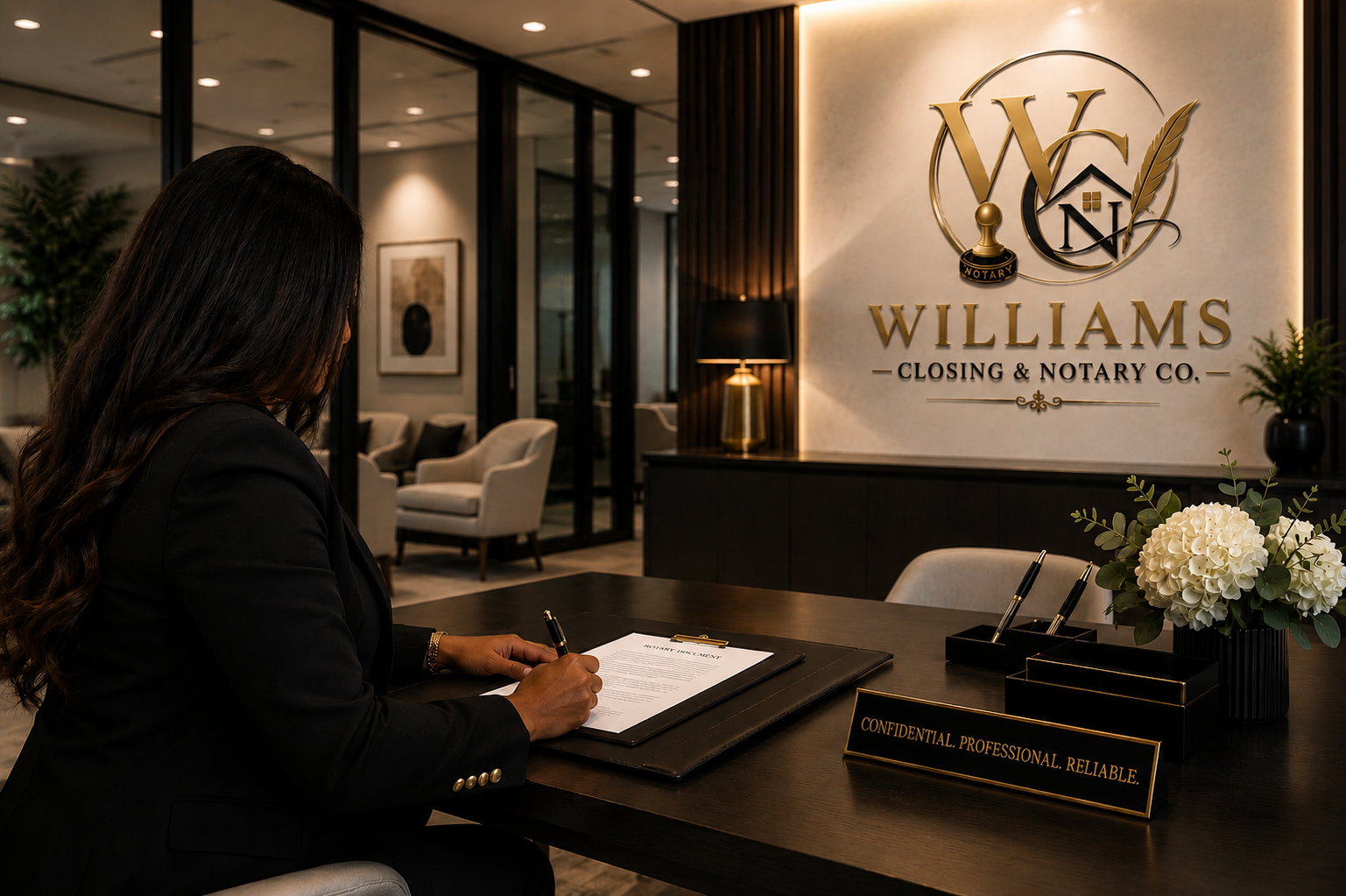 A woman sitting at a desk signing a document in an office lobby. The background features a sign reading "Williams Closing & Notary Co." with decorative gold logo elements and a bouquet of white flowers on the desk.
