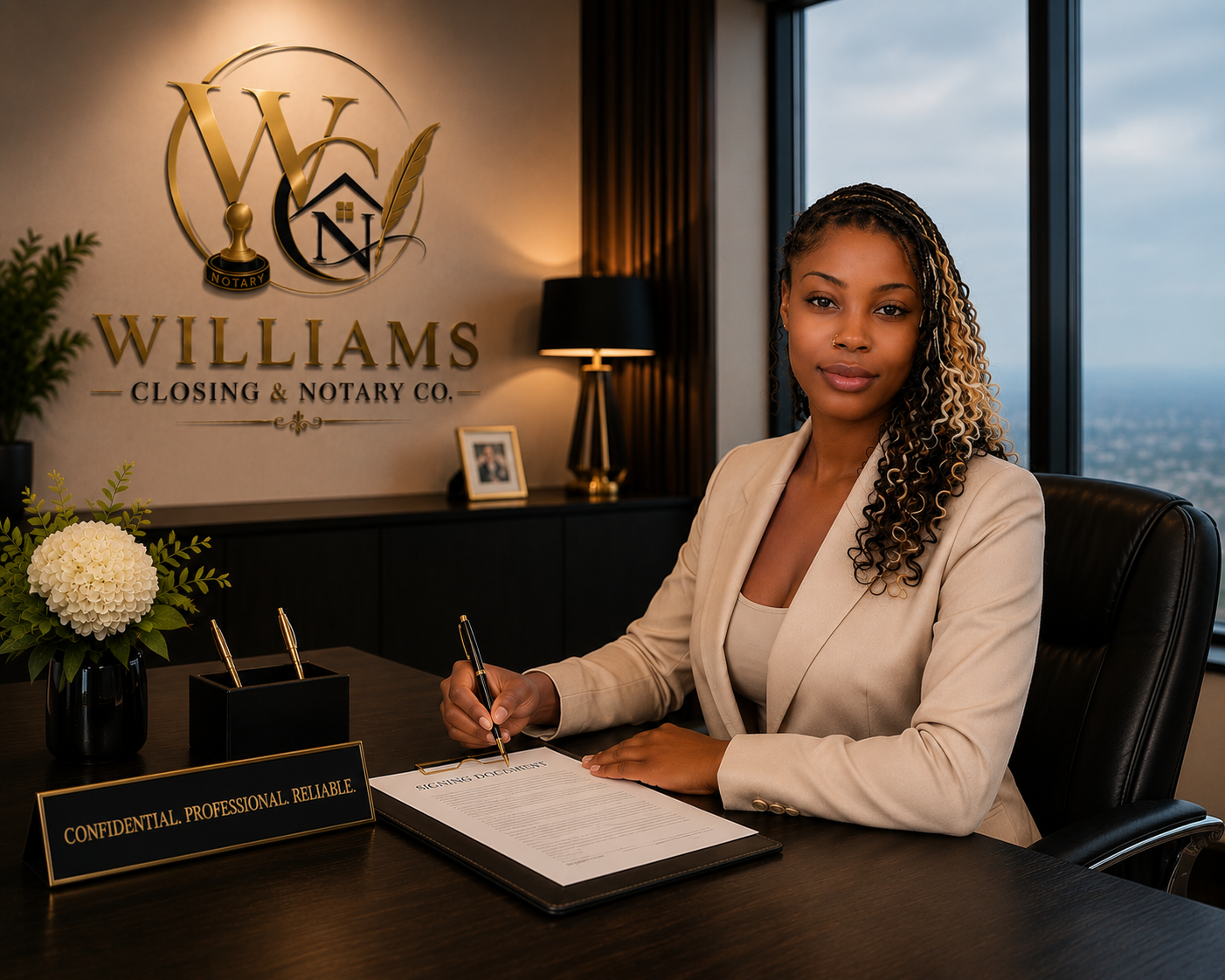 A woman sitting at a desk signing legal documents at Williams Closing & Notary Co., with a sign on the wall behind her, a photo frame, and a lamp, in a modern office with large windows.