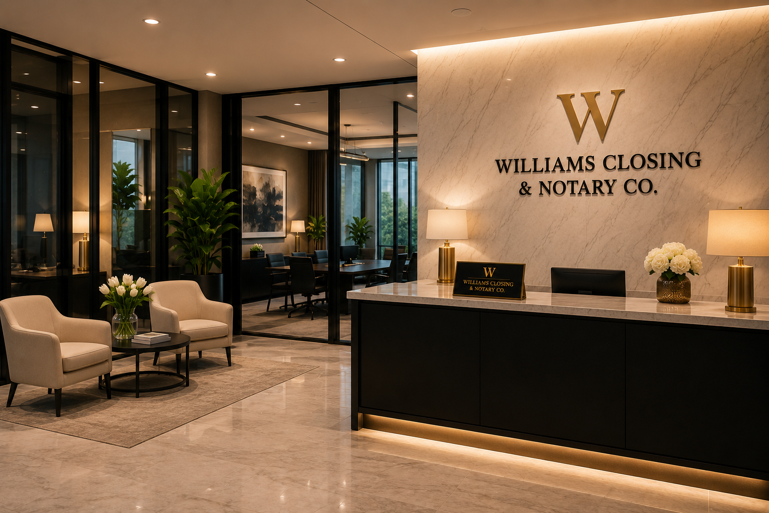 Lobby reception area for Williams Closing & Notary Co. with a black desk, gold lamps, white flowers, seating area with two beige chairs, and a small round table, modern decor, framed artwork, and large glass windows with plants visible outside.