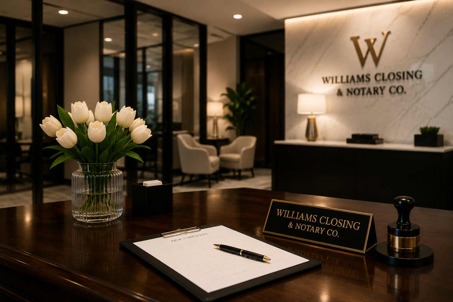 Office reception desk with a vase of white tulips, a sign reading 'Williams Closing & Notary Co.', a clipboard with paper and a pen, a lamp, and a stamp on a dark wood table.