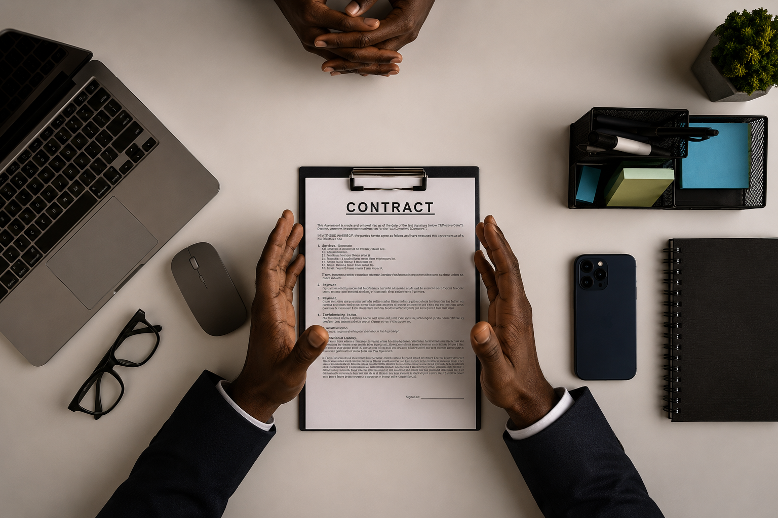 Person holding a contract on a clipboard at a desk with office supplies, including a laptop, mouse, glasses, smartphone, notebook, and pen holder with pens and sticky notes.