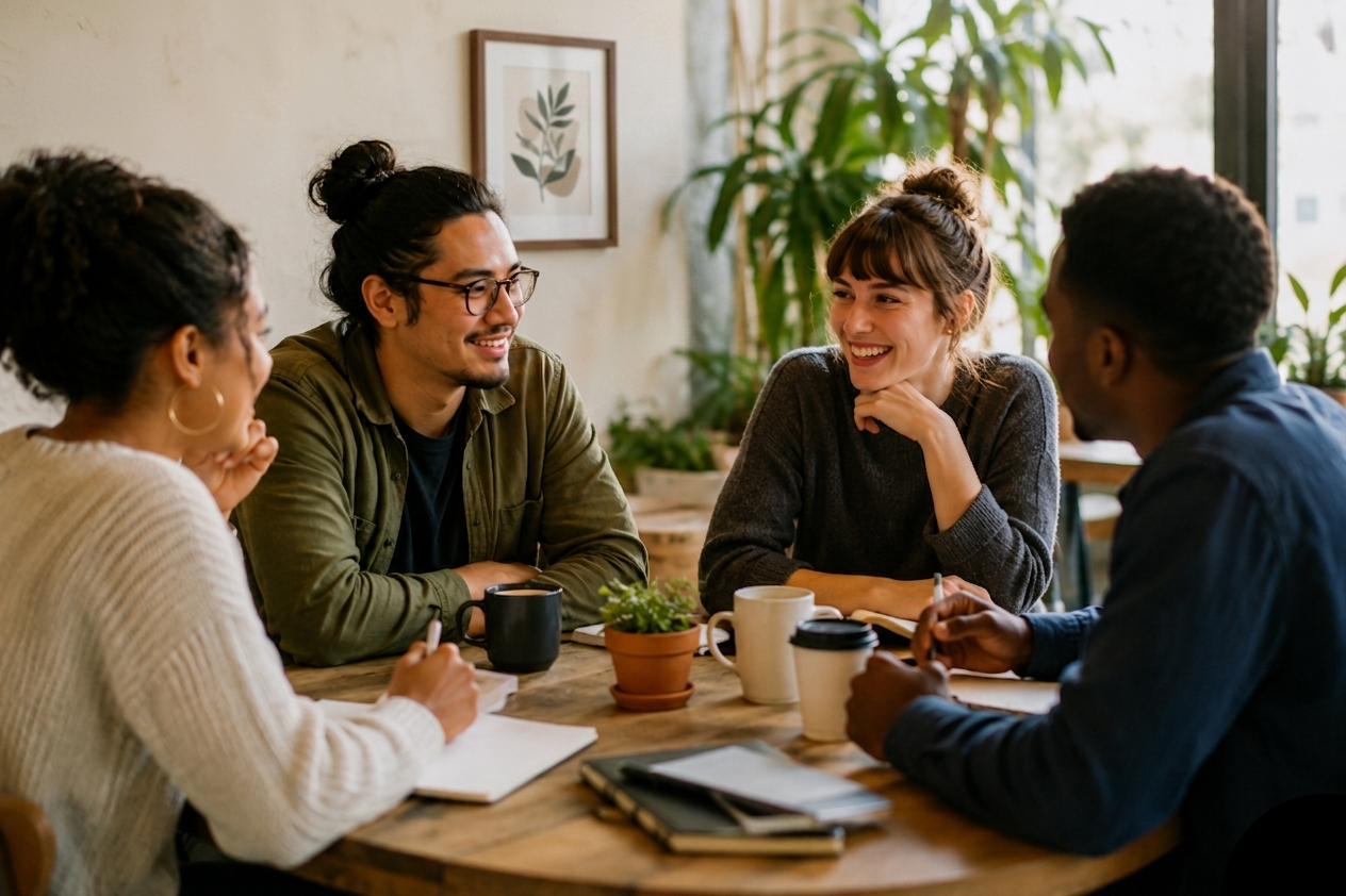 Group of friends with coffee talking