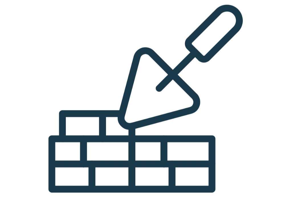 Outline of a brick wall with a trowel and a putty knife for masonry or construction work.
