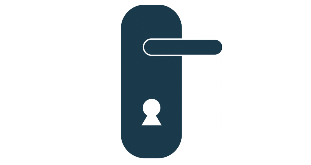 Dark blue door handle and lock with a keyhole.