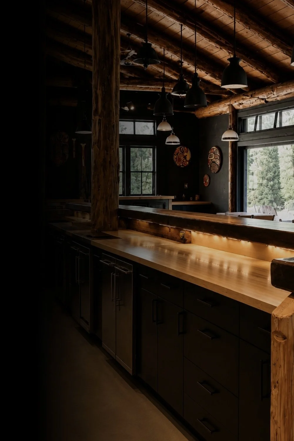Interior of a rustic kitchen with wooden ceiling and beams, black cabinets, and a wooden countertop. Large windows reveal outdoor trees. Mtn side general contractor bc clayoquot wilderness lodge renovation. commercial kitchen updates