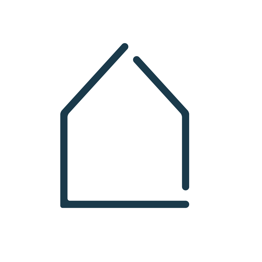 Line drawing of a house with a sloped roof and a chimney.