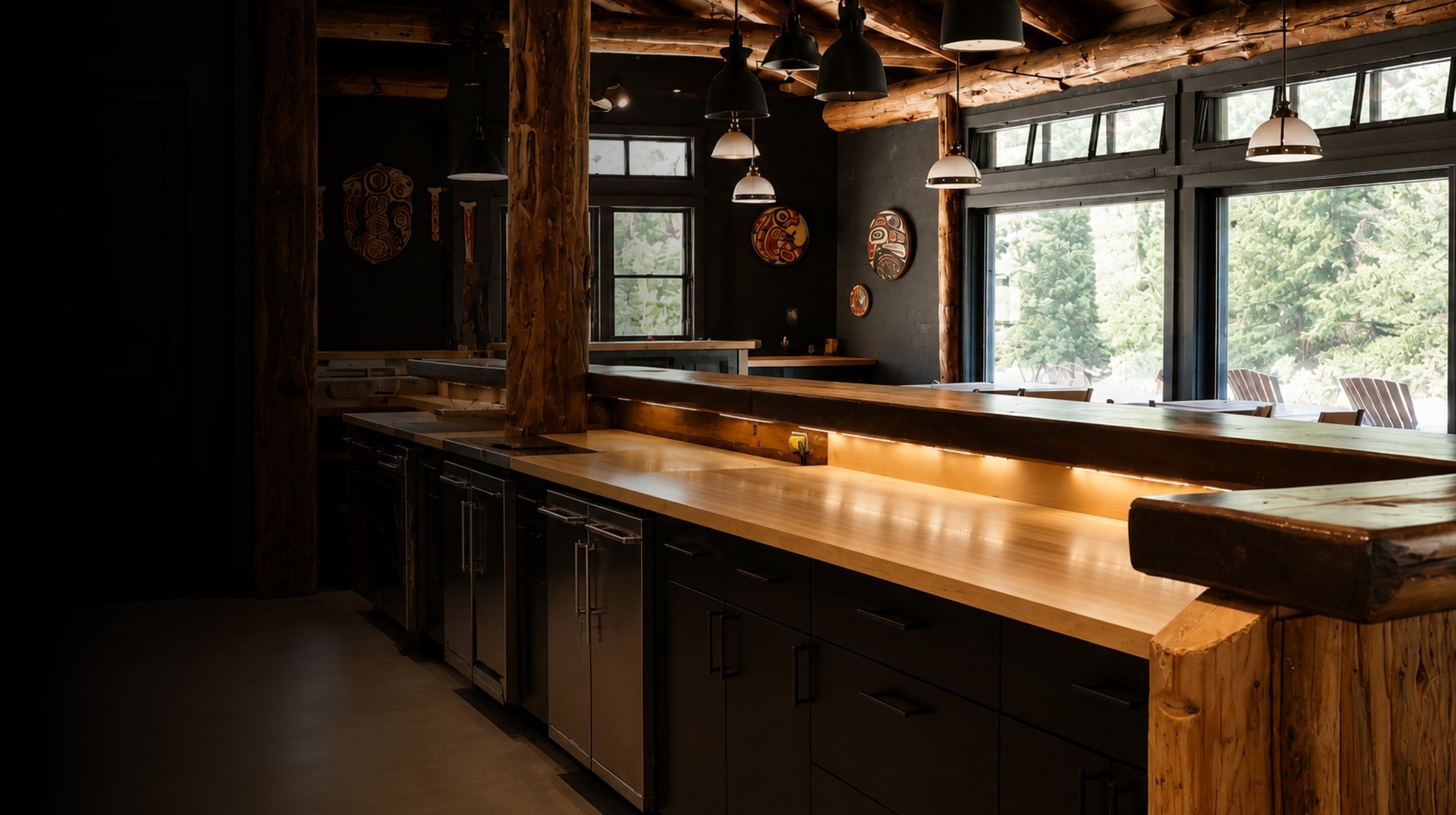 Interior of a rustic kitchen with wooden beams, pendant lights, and large windows with greenery outside. Mtn side general contractor bc clayoquot wilderness lodge renovation