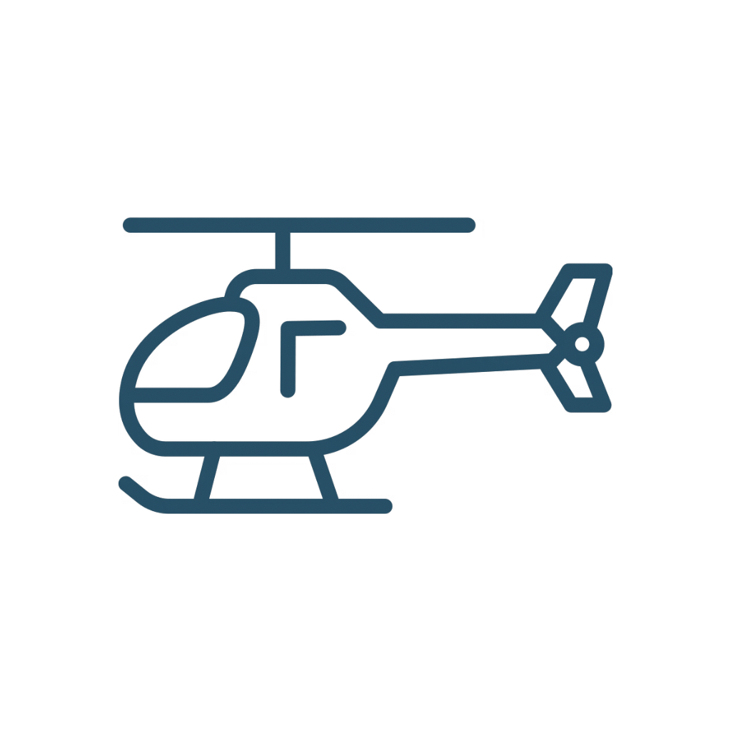 Line drawing of a helicopter with a bubble cockpit, rotor blade on top, tail rotor, and landing skids