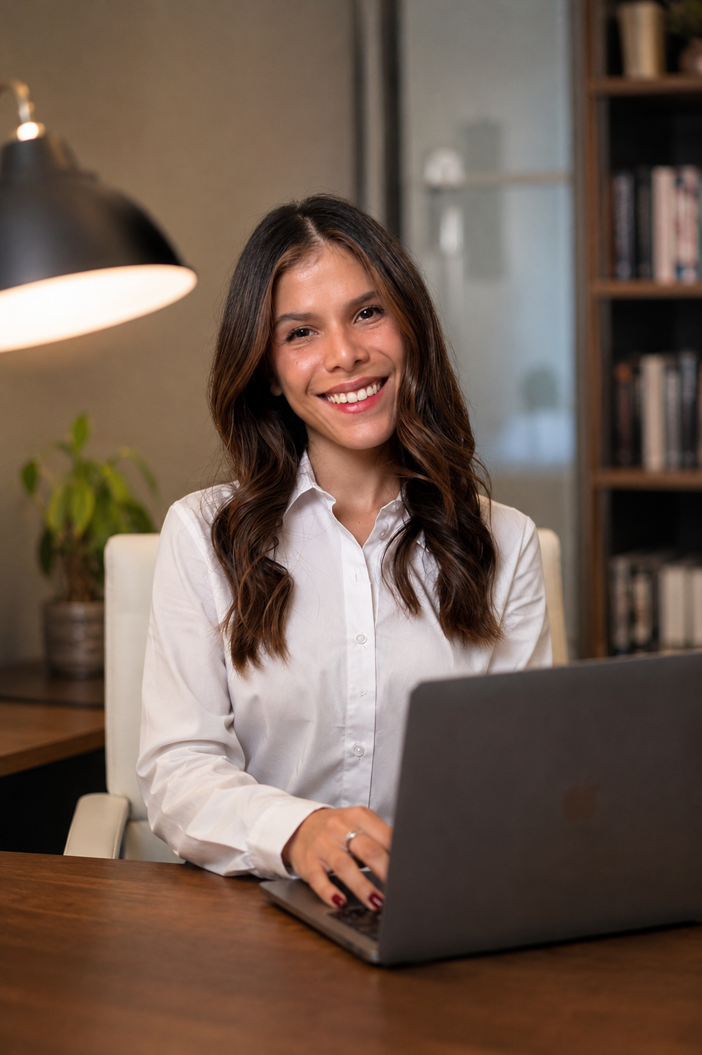 A woman with long, wavy brown hair smiling as she works on a laptop at a desk in an office setting.