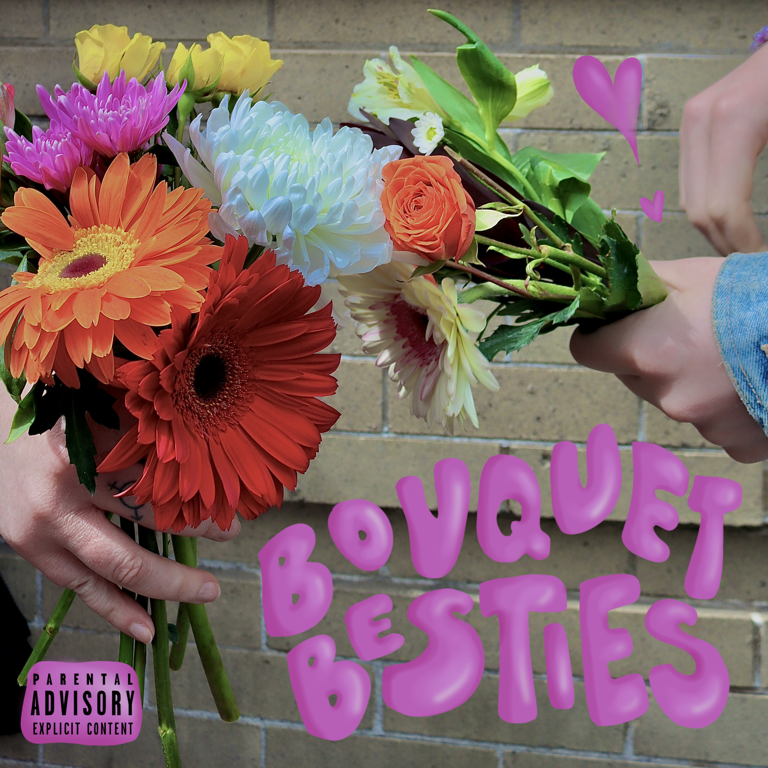 A bouquet of colorful flowers, including orange, white, pink, and yellow blooms, held by a person with a tattoo on their wrist and wearing a denim jacket, standing in front of a brick wall. There are purple graphic hearts and a warning label on the image.