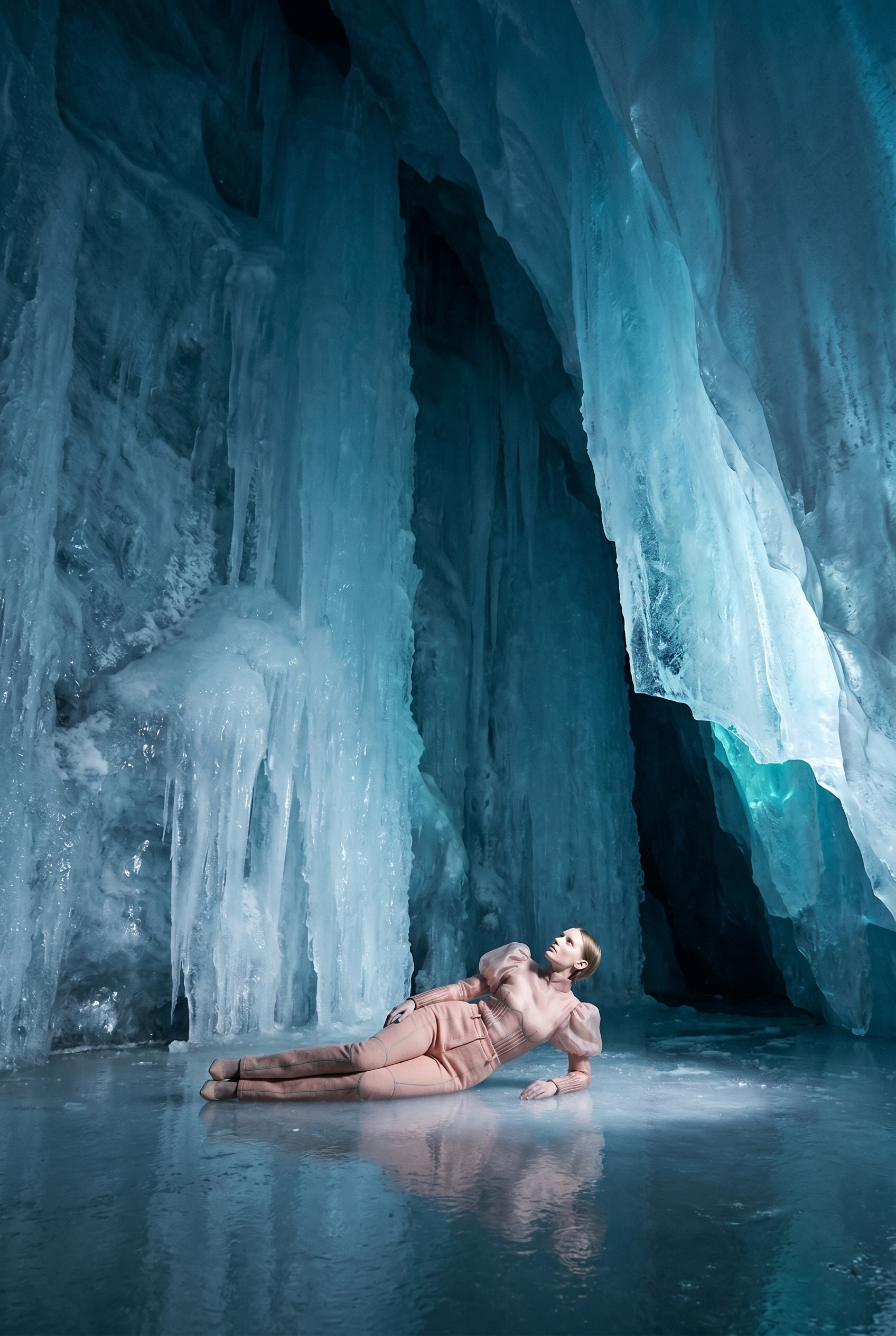 A woman in a beige and pink outfit lying on the ice floor of an ice cave, with large blue ice formations hanging from the ceiling around her.