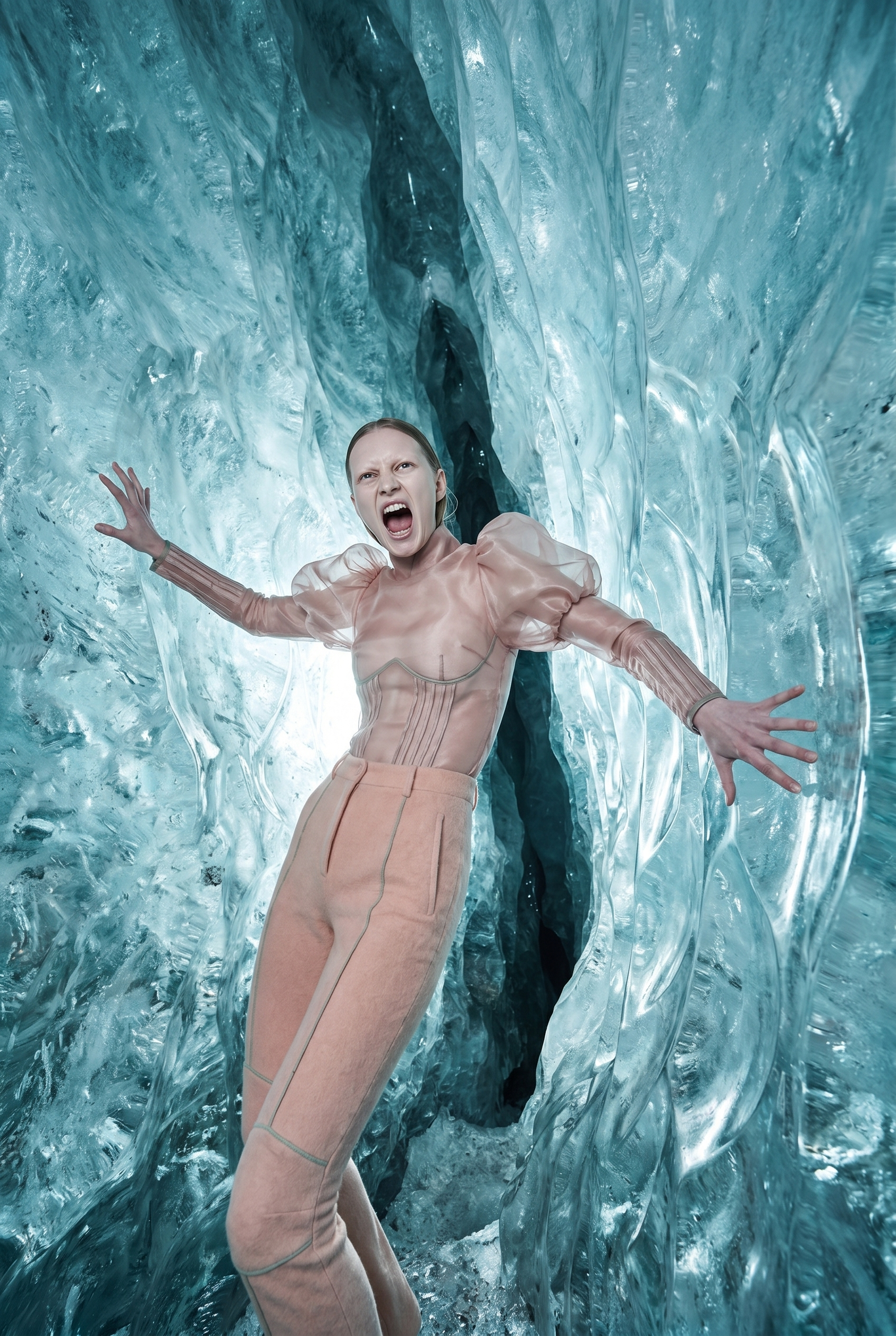 A woman with her mouth open, looking angry or shouting, standing inside a large, icy ice tunnel with a dark opening behind her.