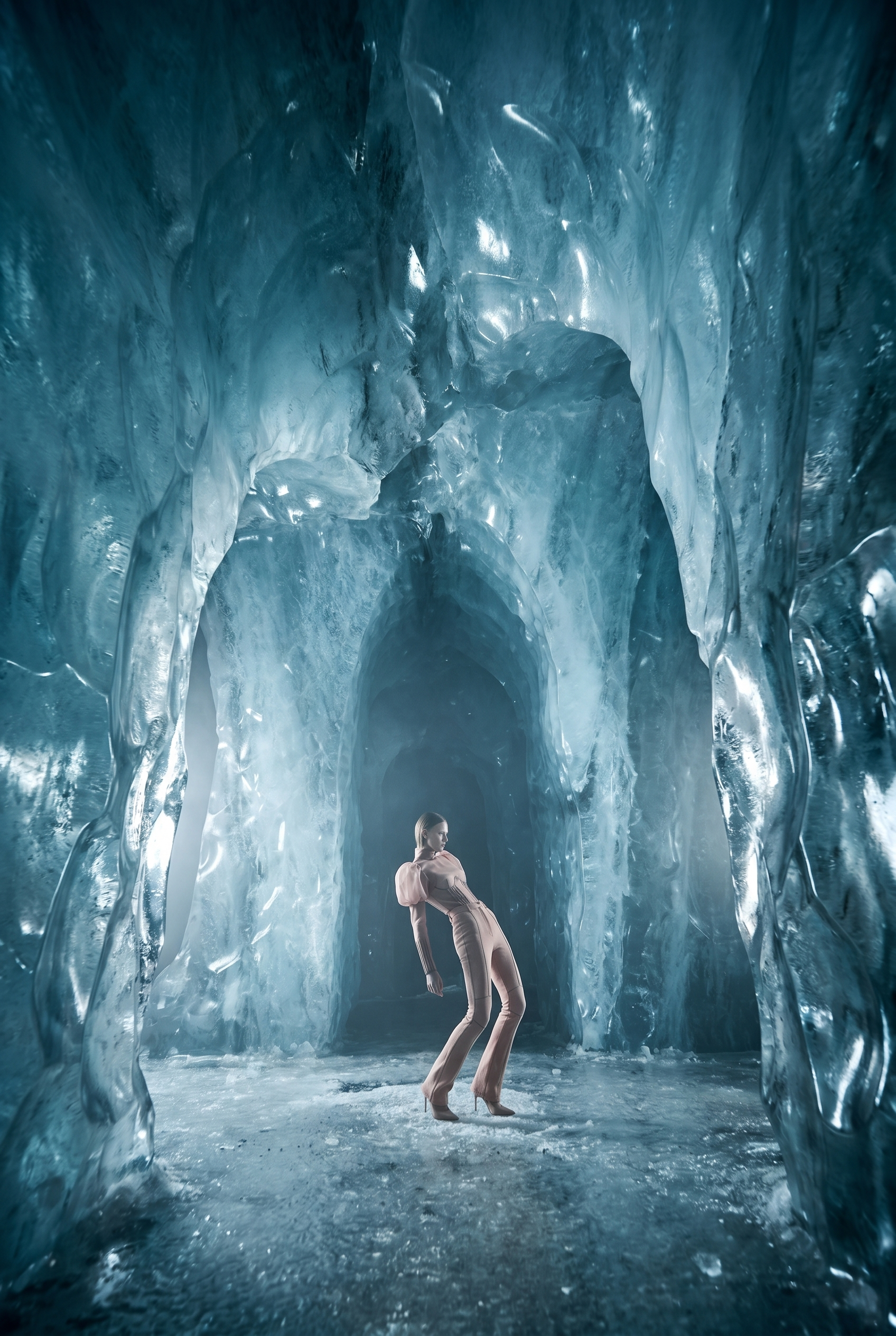 A woman in beige pants and a pink top stands inside an icy, cavernous space made of large, translucent ice formations.