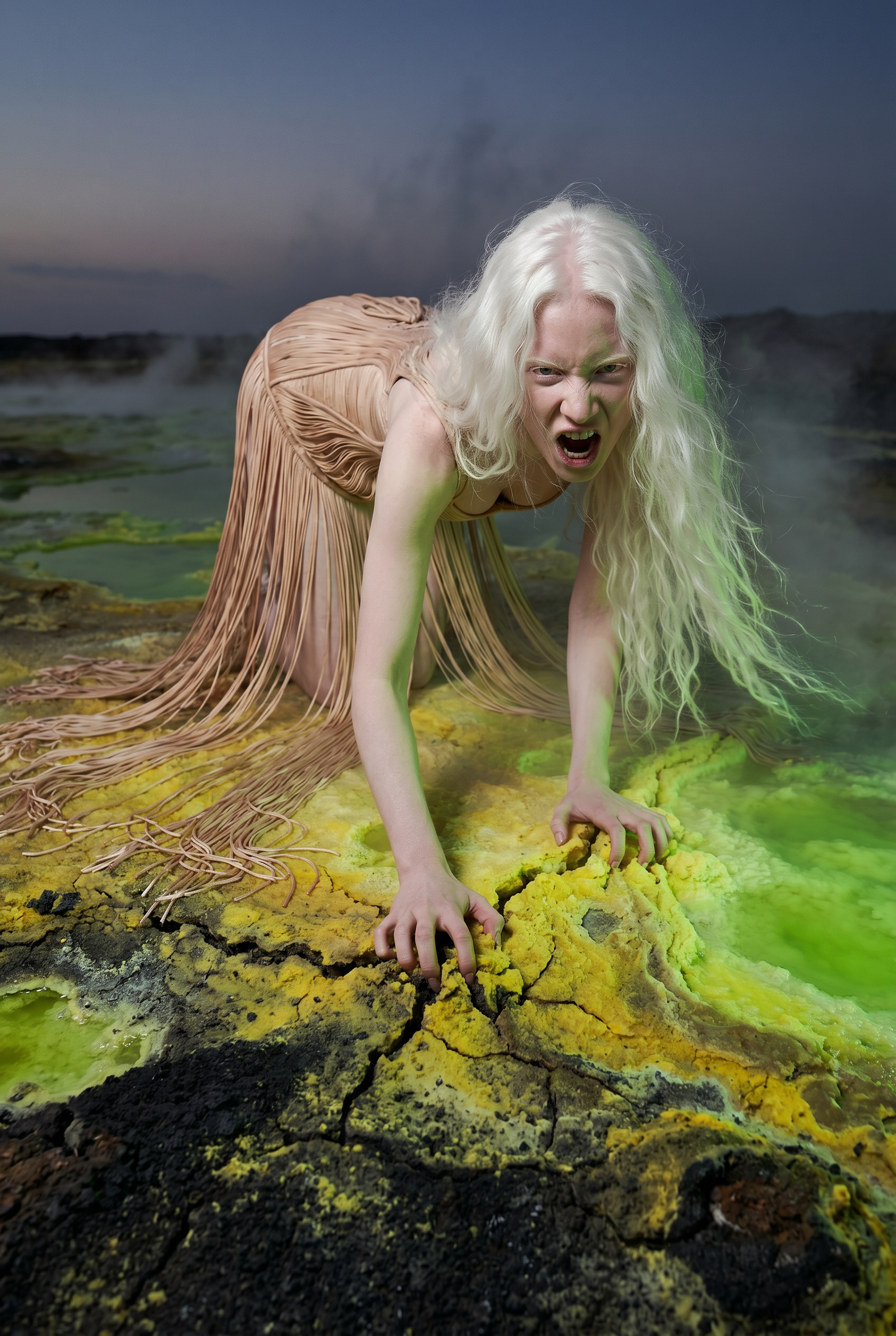 A person with long white hair and pale skin on hands and knees on a desolate, colorful landscape with yellow and green patches, emitting a green glow, under a dark, cloudy sky.