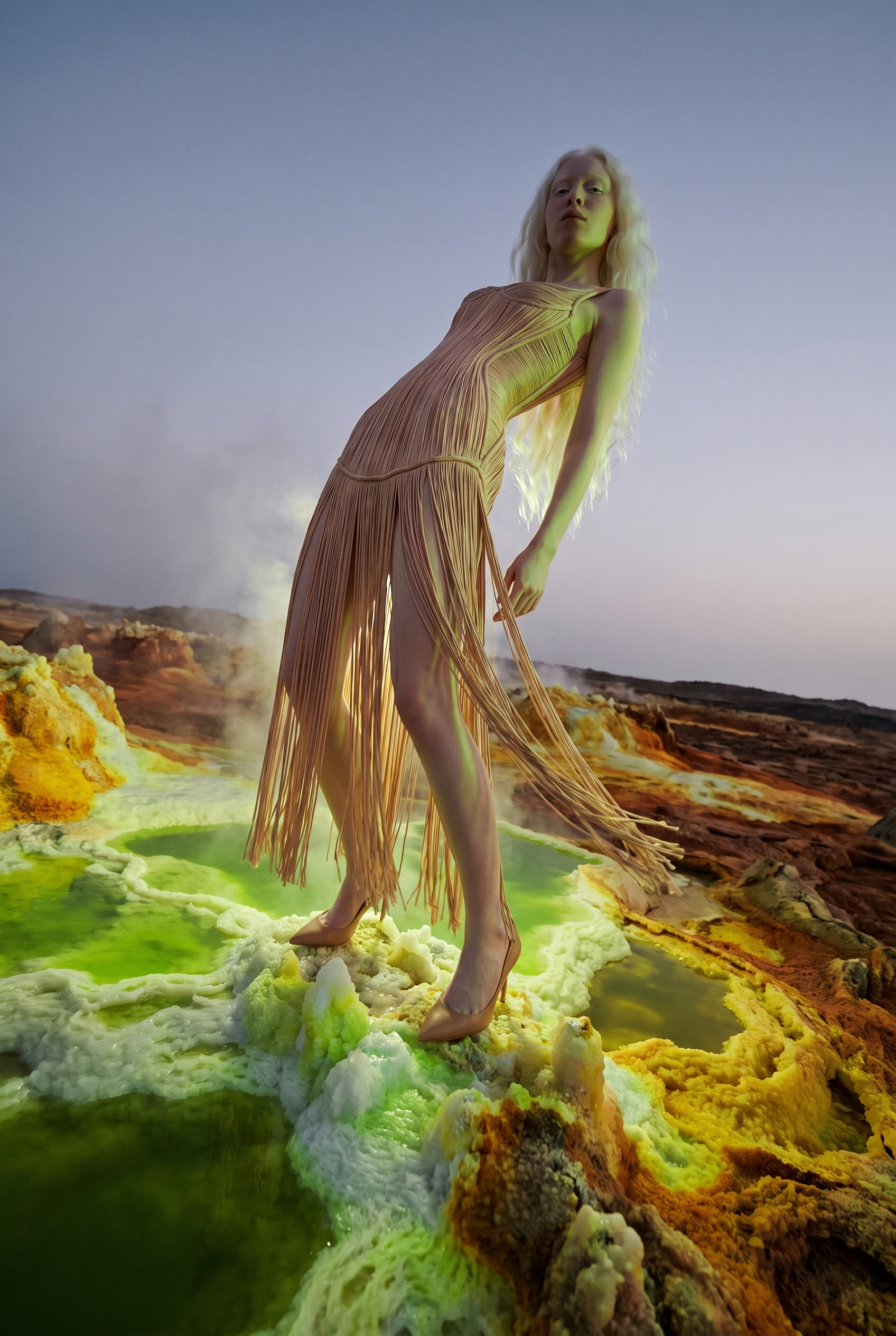 A woman in a flowing, fringed yellow dress with long blonde hair stands on a colorful, otherworldly landscape with steaming, yellow-green pools and rocky terrain.